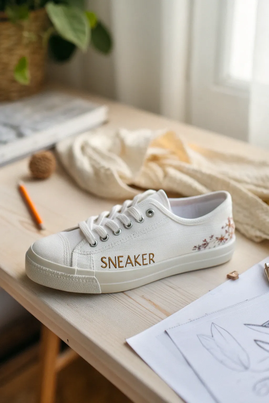 Minimalist sneaker with hand-painted monogram and boho flourishes, ready for your own design