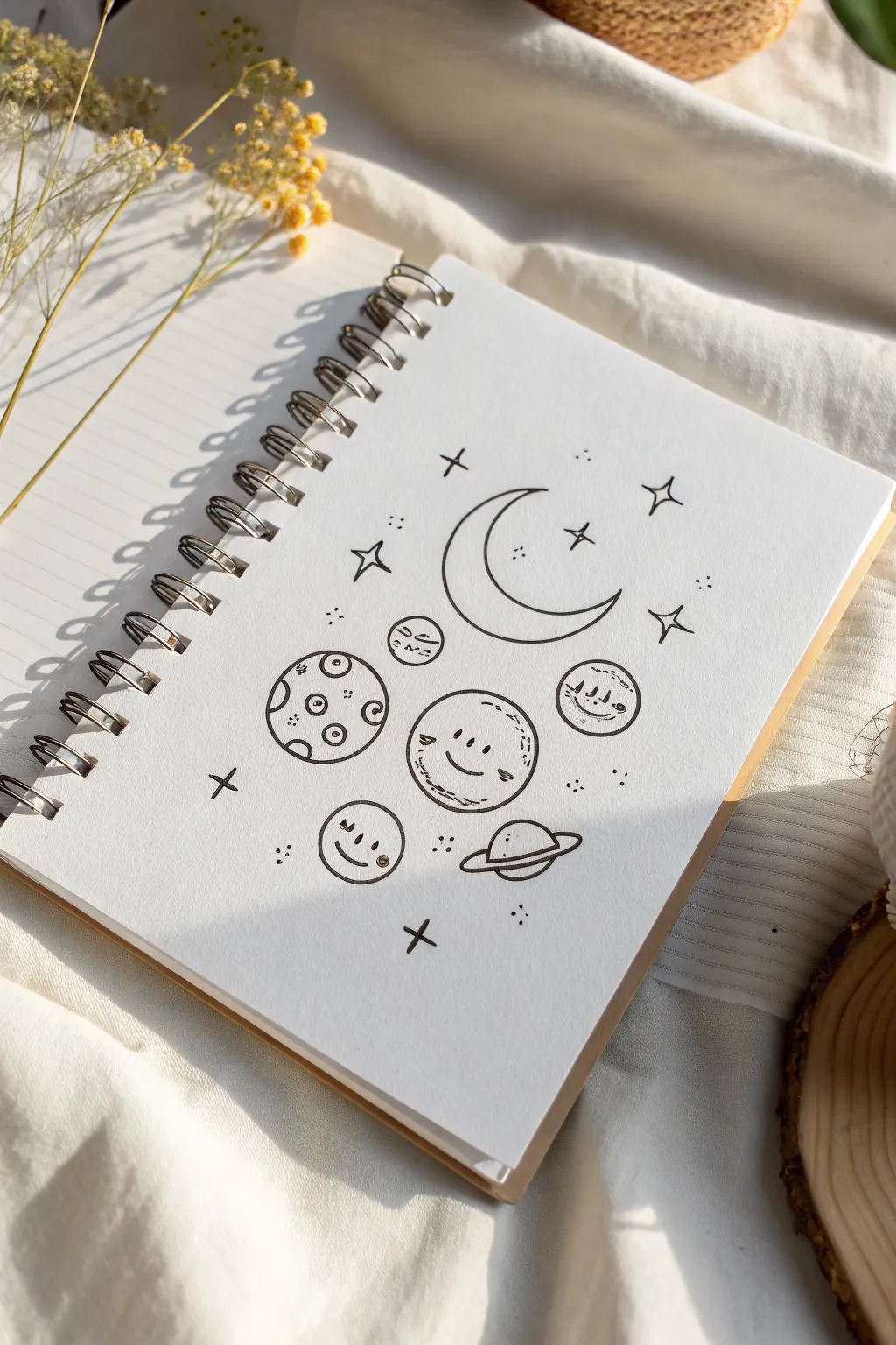 Simple space doodle: planets with tiny faces and a smiling moon, perfect for minimalist sketching