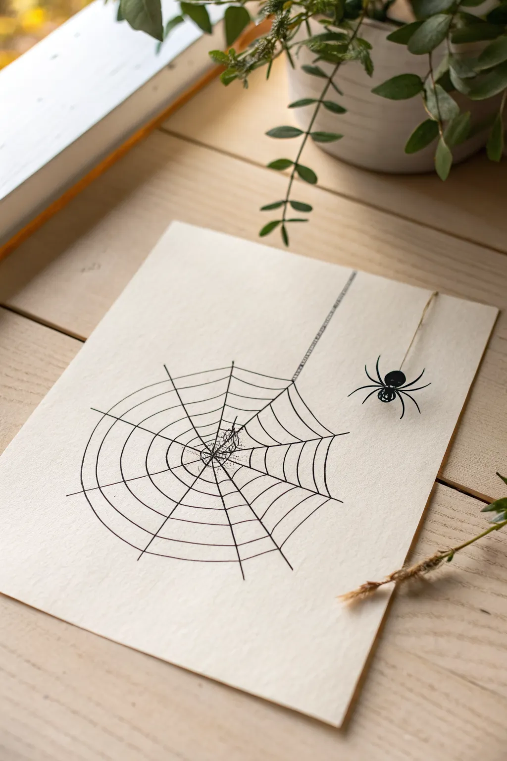 Minimal ink web with a dangling spider silhouette, crisp lines and moody Scandinavian calm