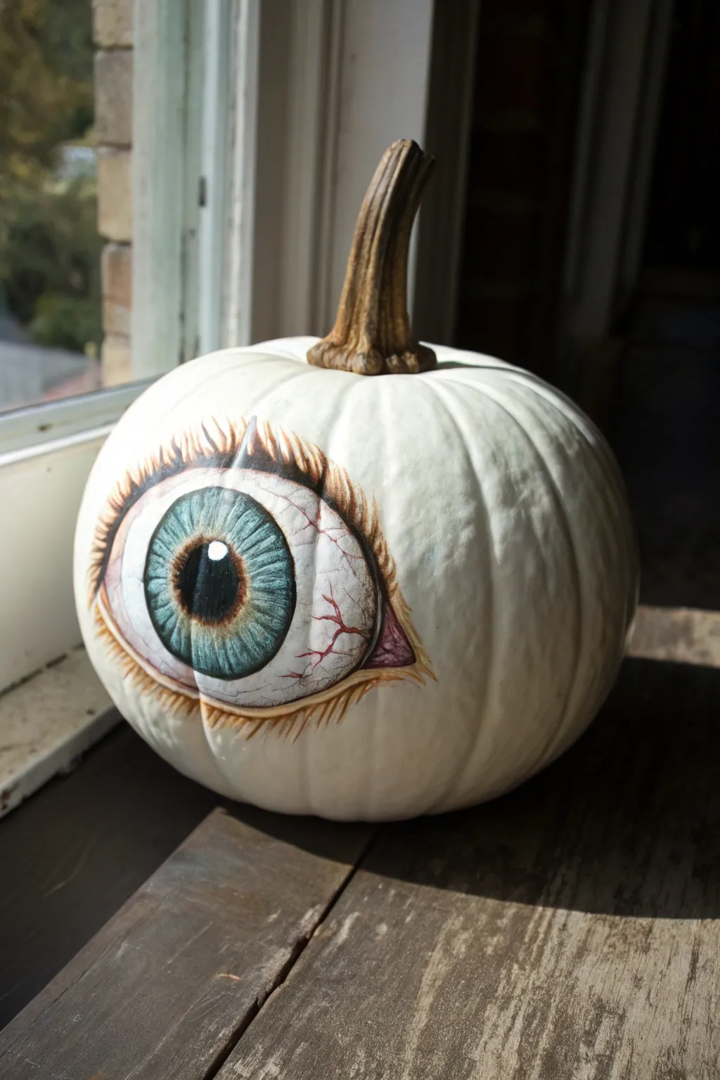 No-carve white pumpkin eyeball painting with dramatic contrast, minimalist boho vibe.