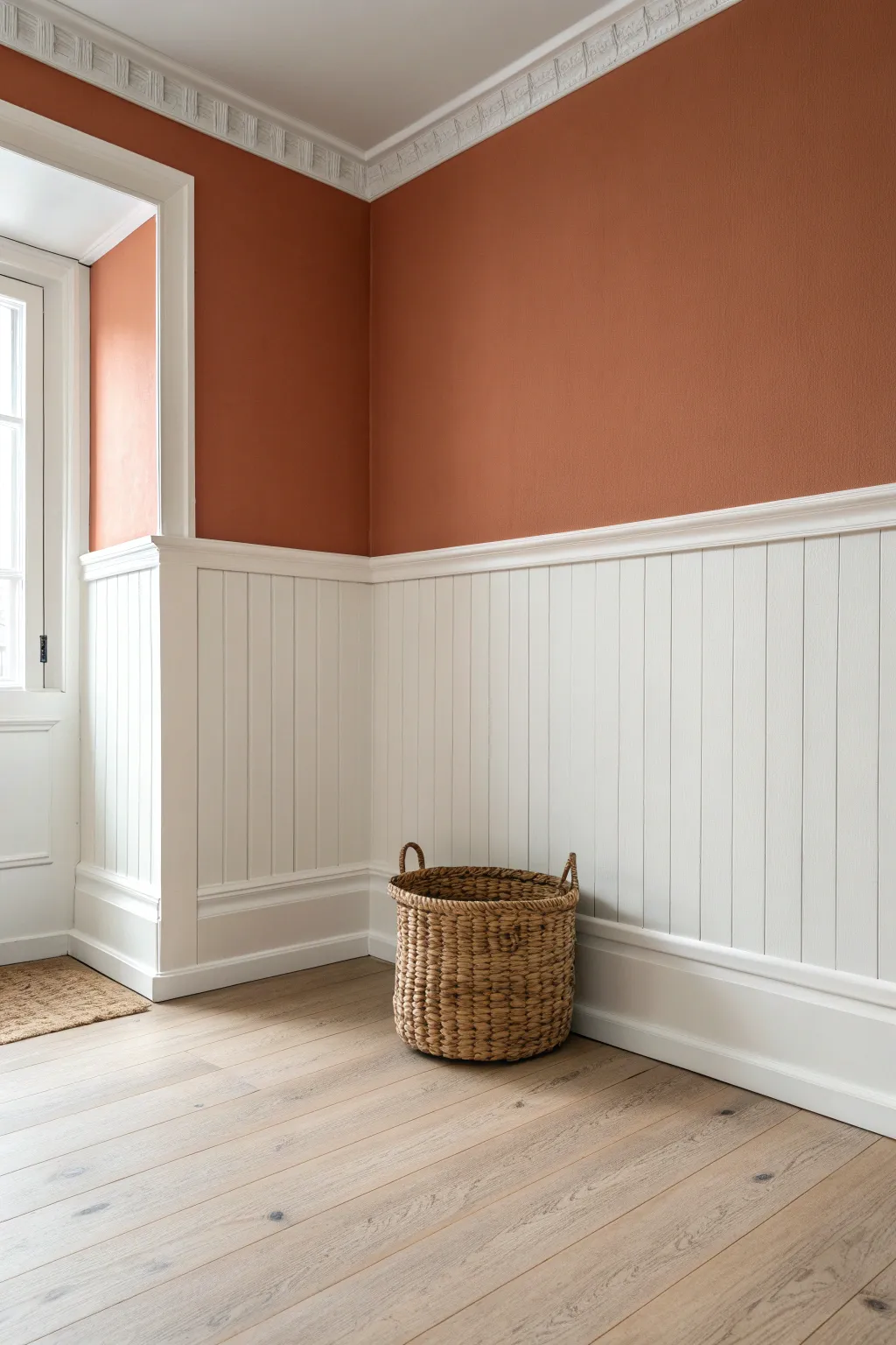 Crisp painted wainscot wrap grounds a corner with cozy contrast in a minimalist, boho space.