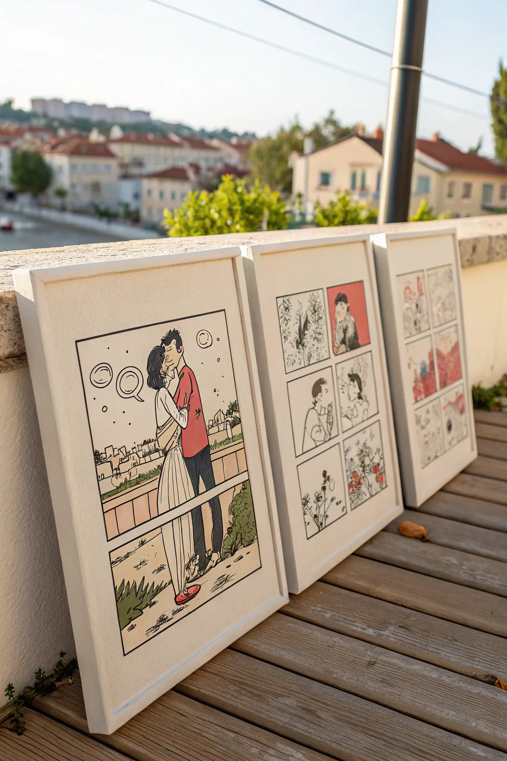 Three-panel mini comic canvas: a sweet cartoon love story in clean Scandinavian boho style.