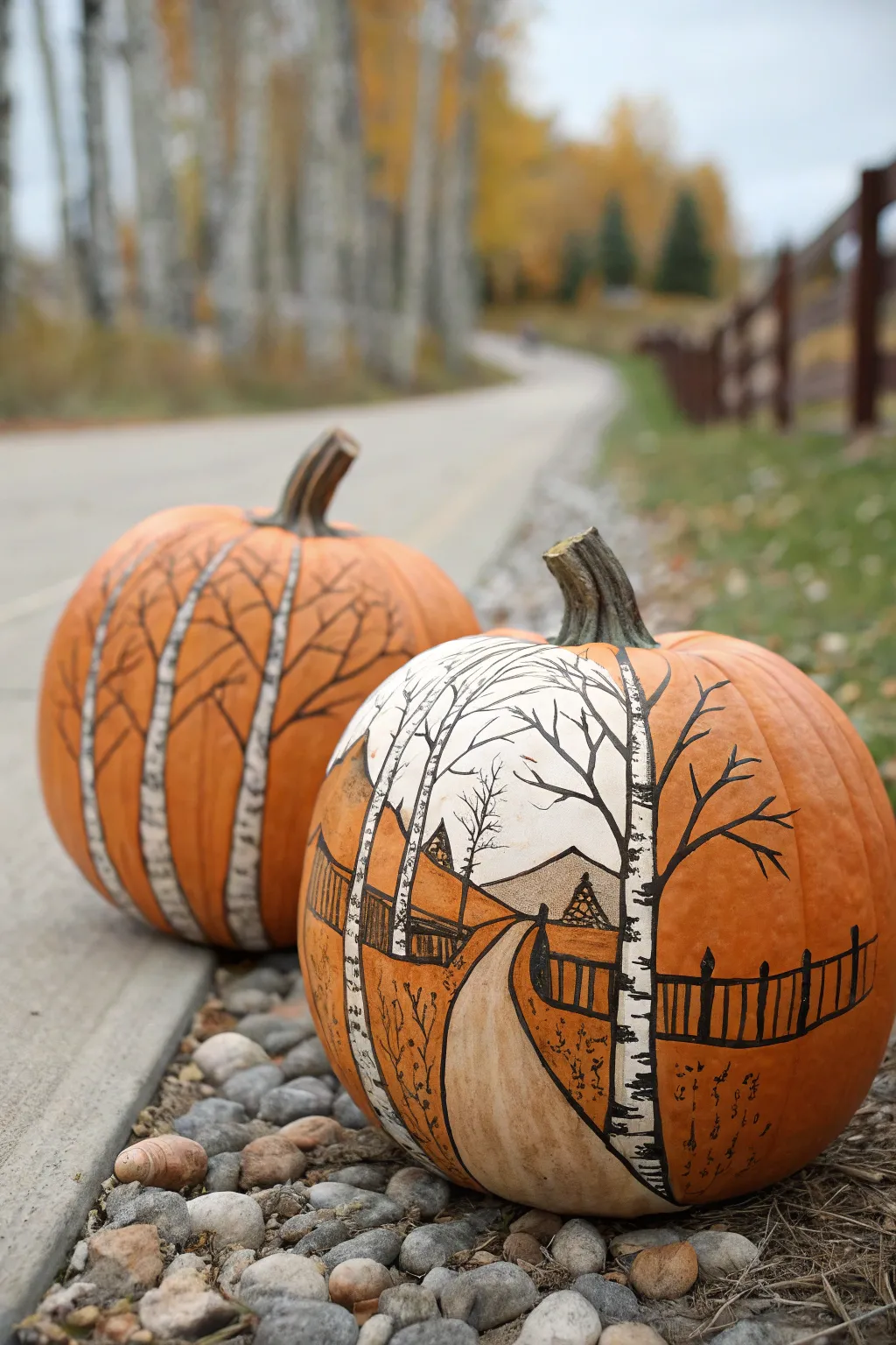 Two pumpkins, one shared fall landscape painting that lines up perfectly when placed side by side.