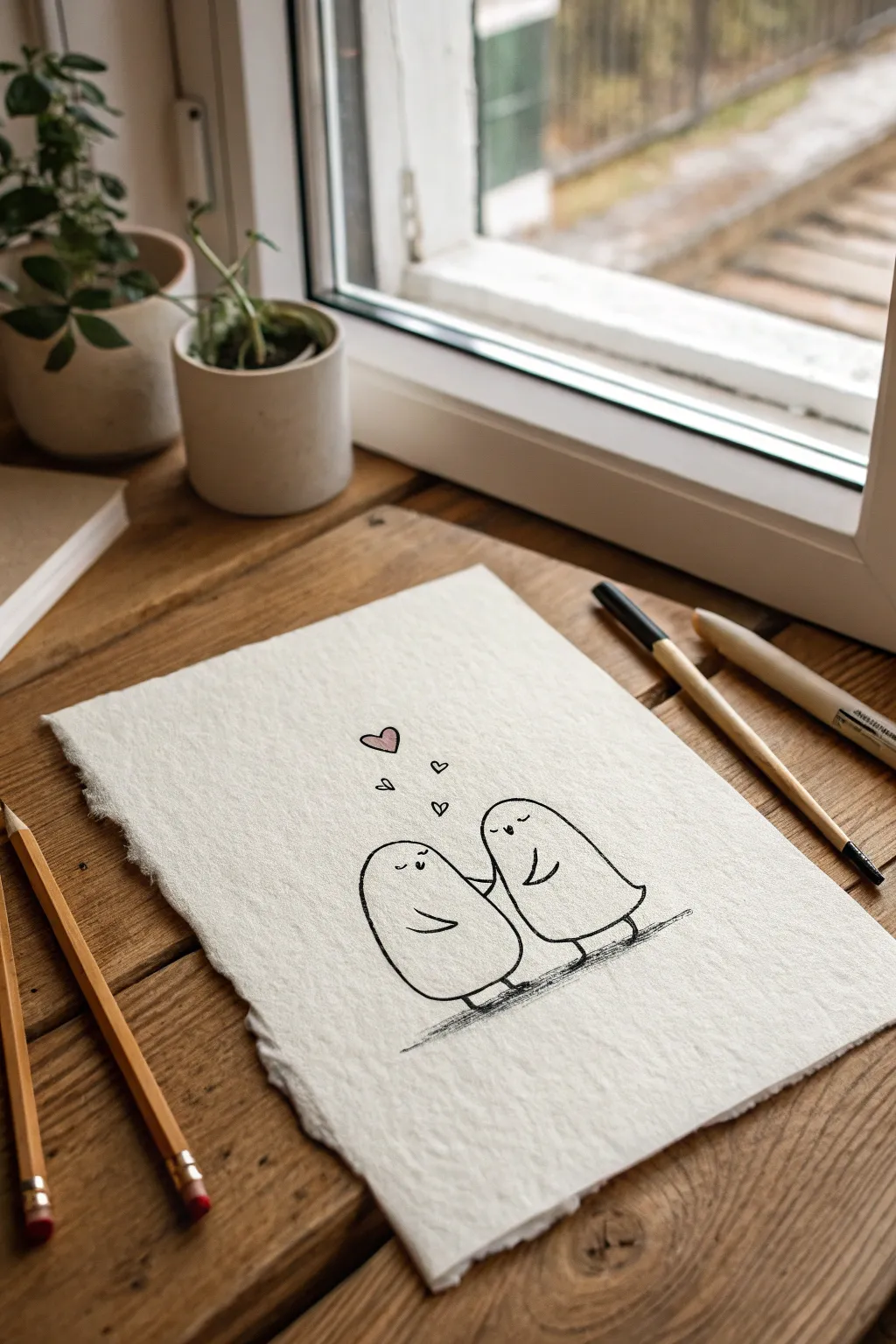 Minimalist blob couple cuddle with a tiny heart, the sweetest easy couples drawing idea