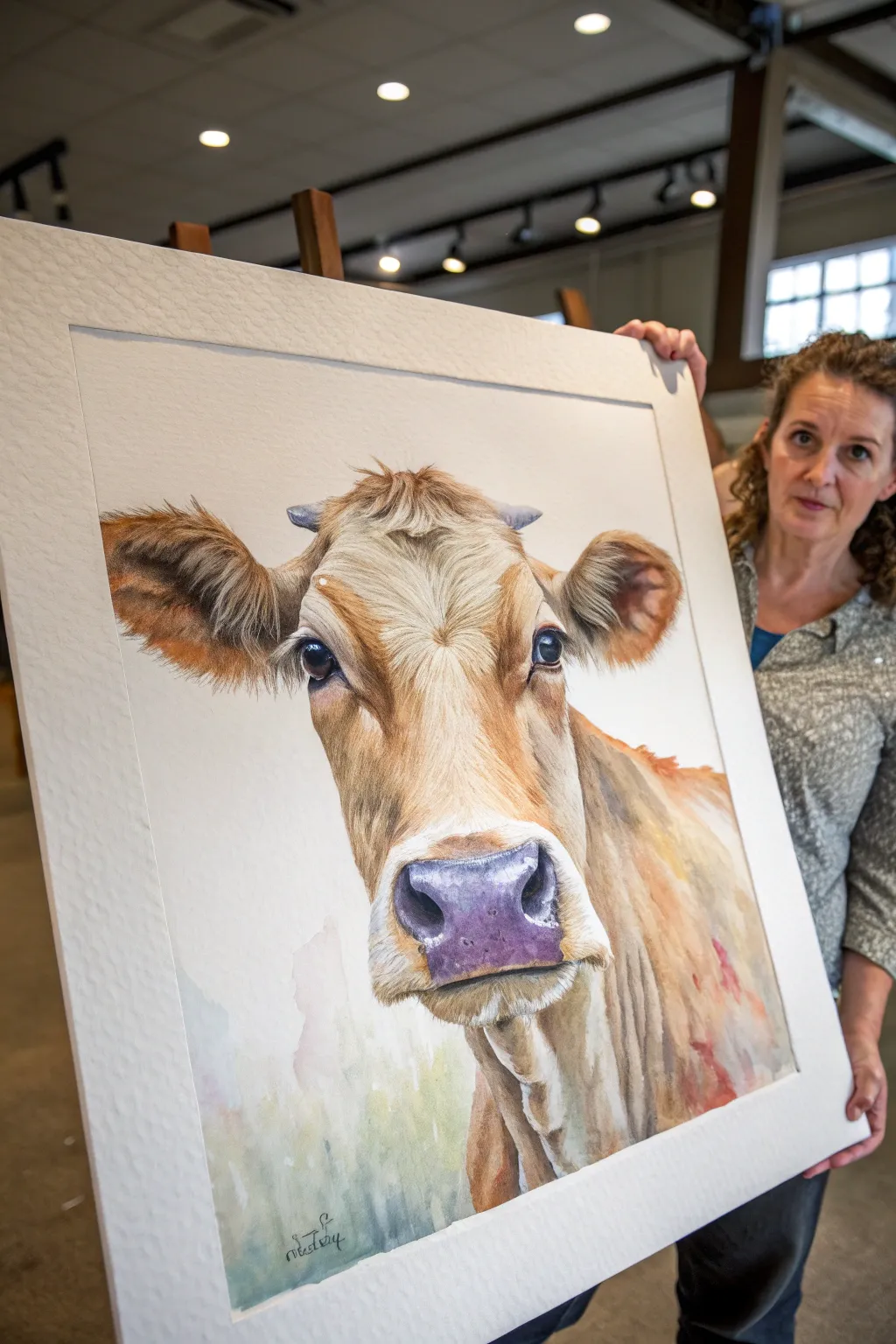 Minimal cow portrait with surprising purple shadows and blue highlights for modern Nordic vibes