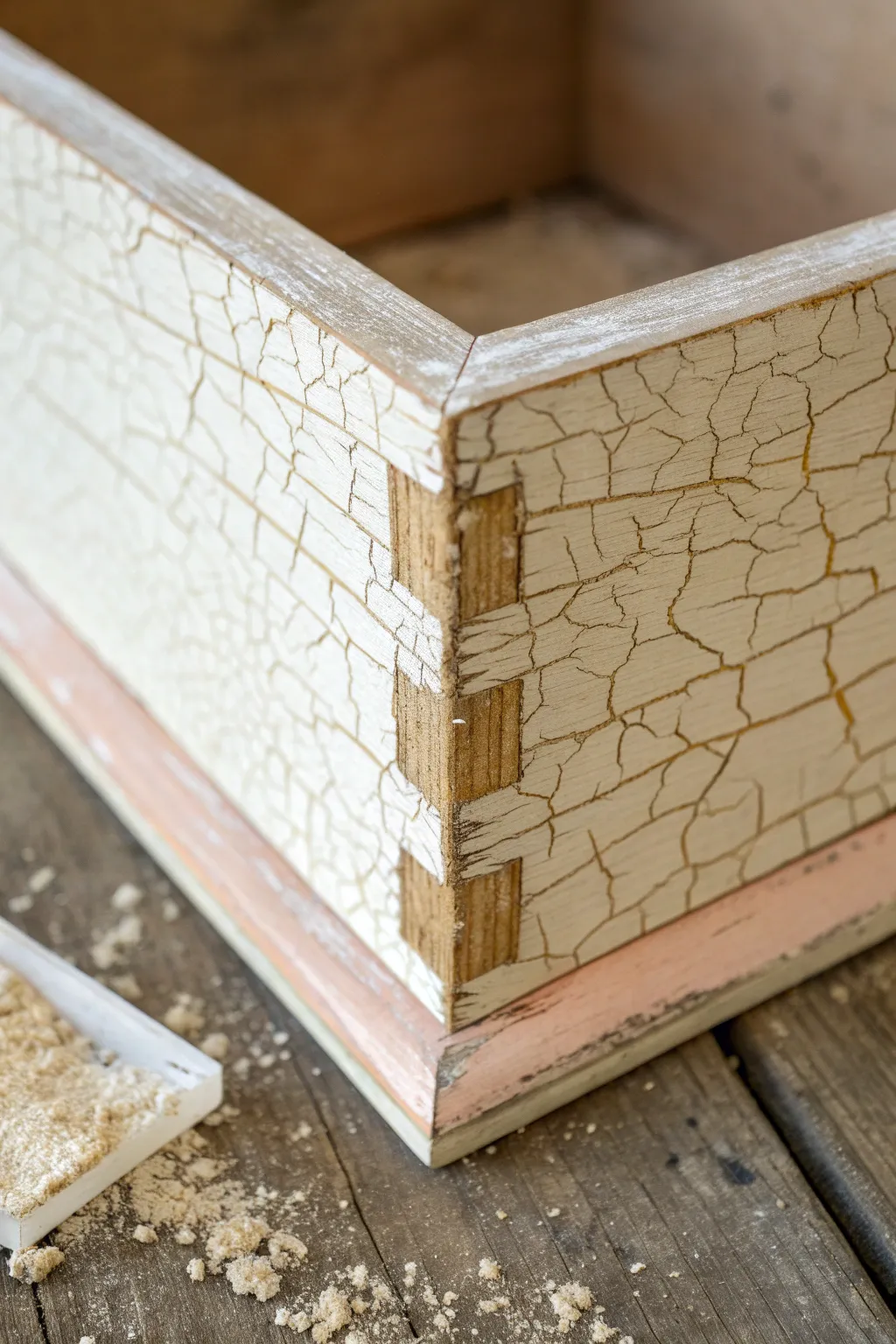 Crackle finish with softly sanded edges, revealing layers and wood for a lived in charm.