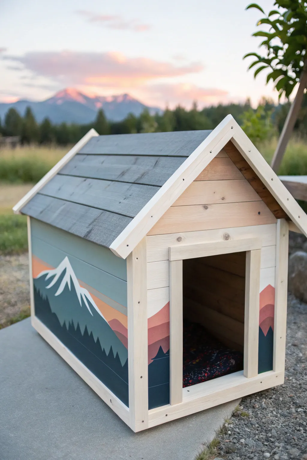 Minimal mountain mural dog house panel with a soft horizon gradient for calm backyard charm