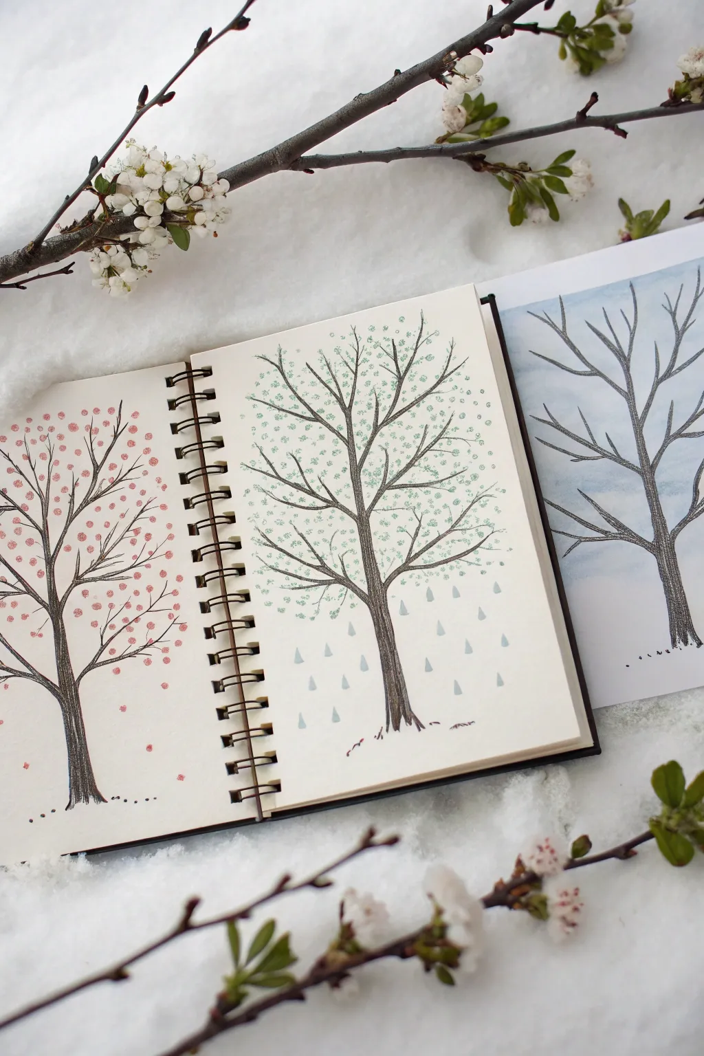 Try a three-panel seasons tree to explore spring, summer, and winter in one simple drawing.