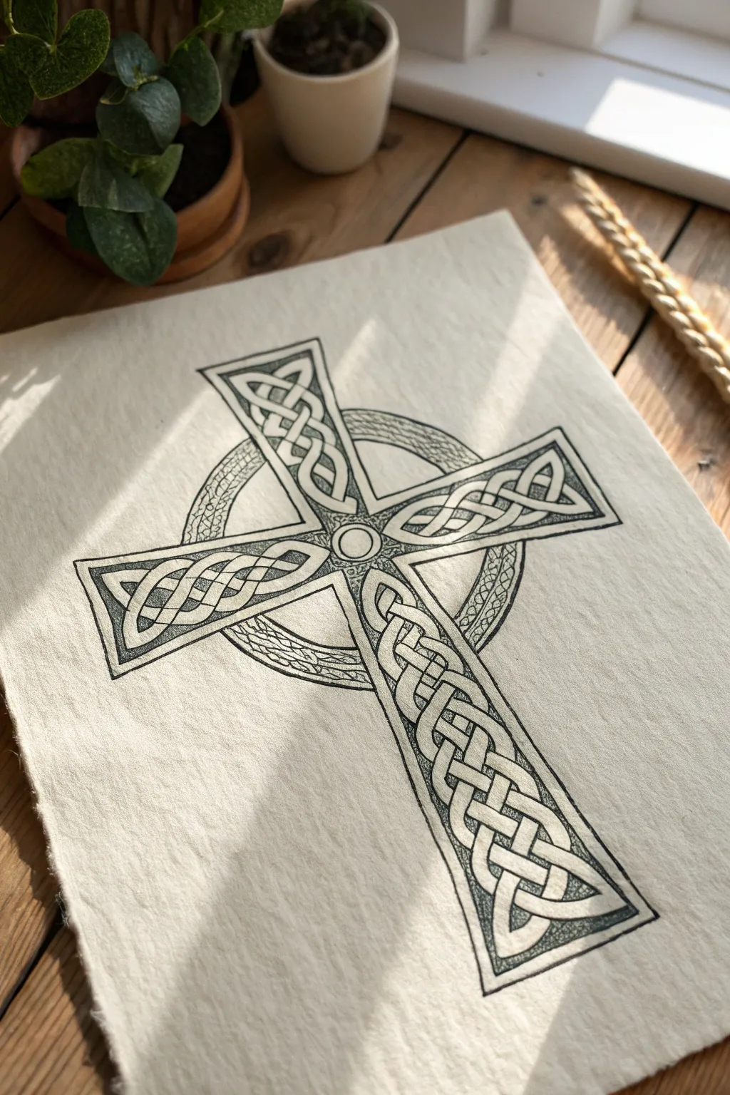 Celtic knotwork cross with clear over-under weaving, minimalist and beautifully detailed.