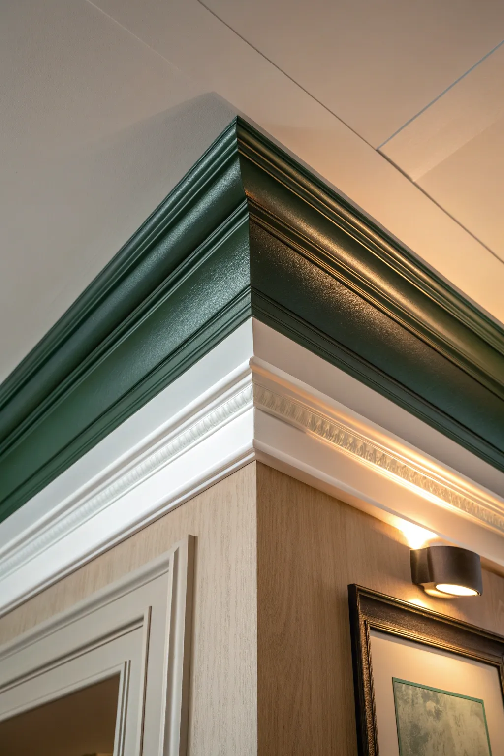 Forest green crown molding adds moody depth and cozy warmth to a minimalist room.