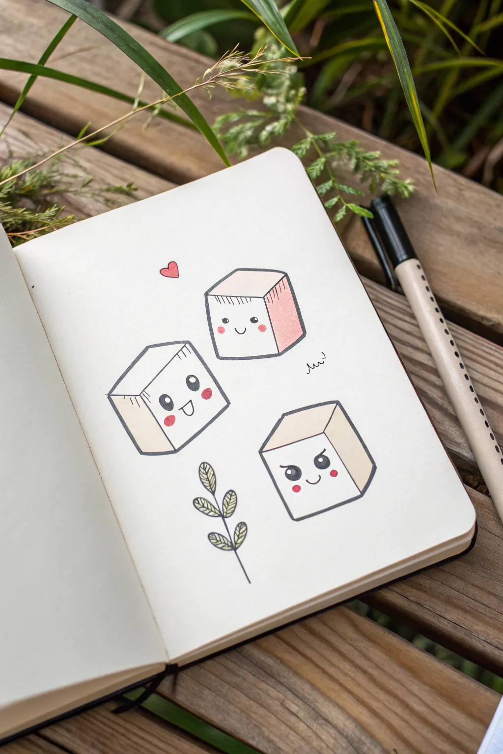 Three minimalist cube characters in perspective, each with a different cute expression to practice.