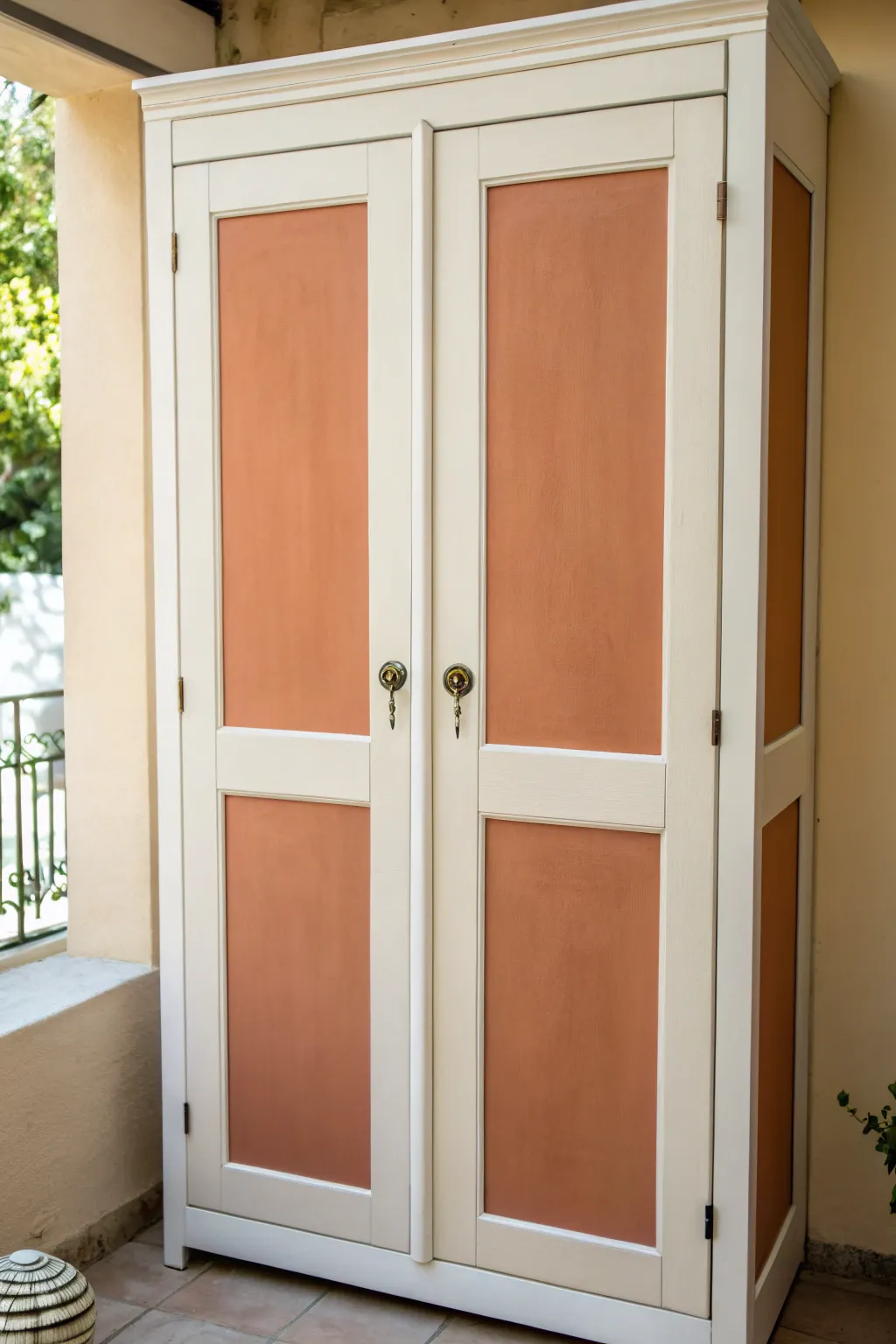 Color-blocked cupboard door frames in creamy white and terracotta for crisp, craft-ready contrast