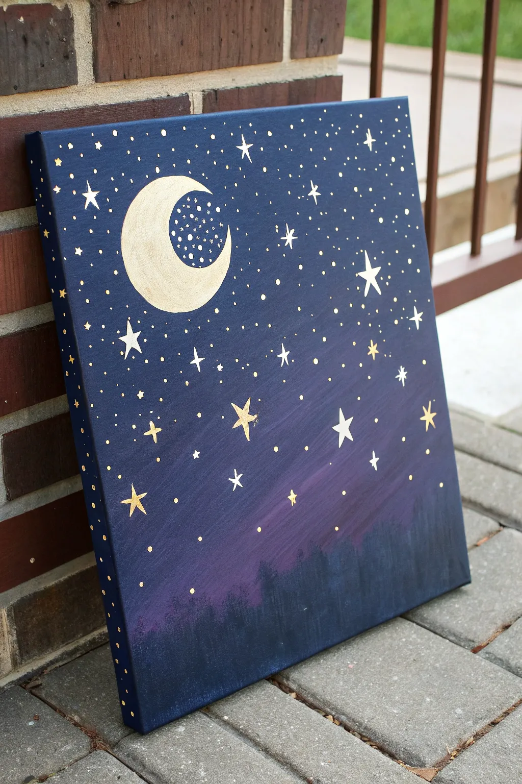 Dreamy chunky-star night sky acrylic painting idea with a glowing moon and twinkles