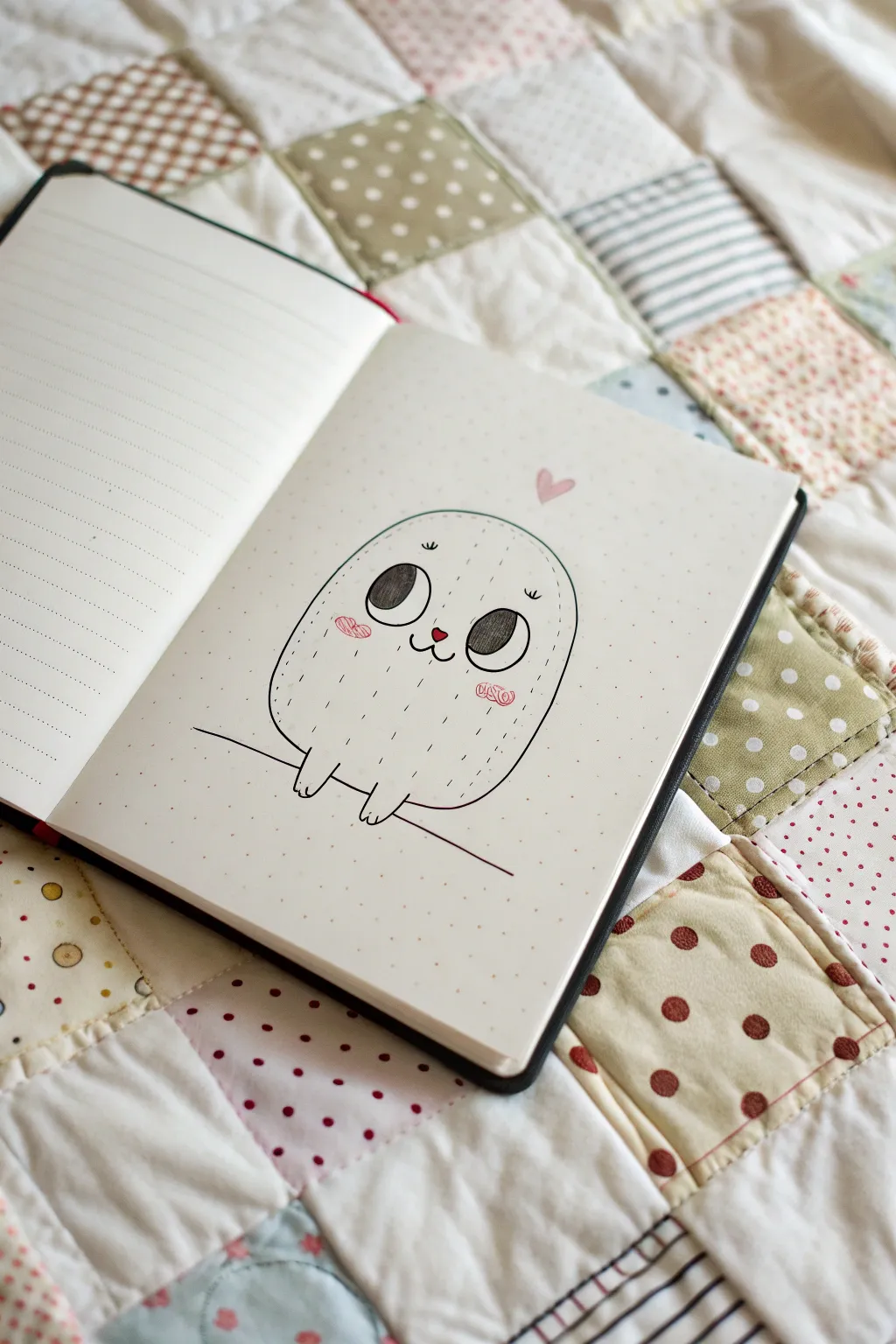 Cute patchwork pattern background with a simple character for cozy minimalist boho art.