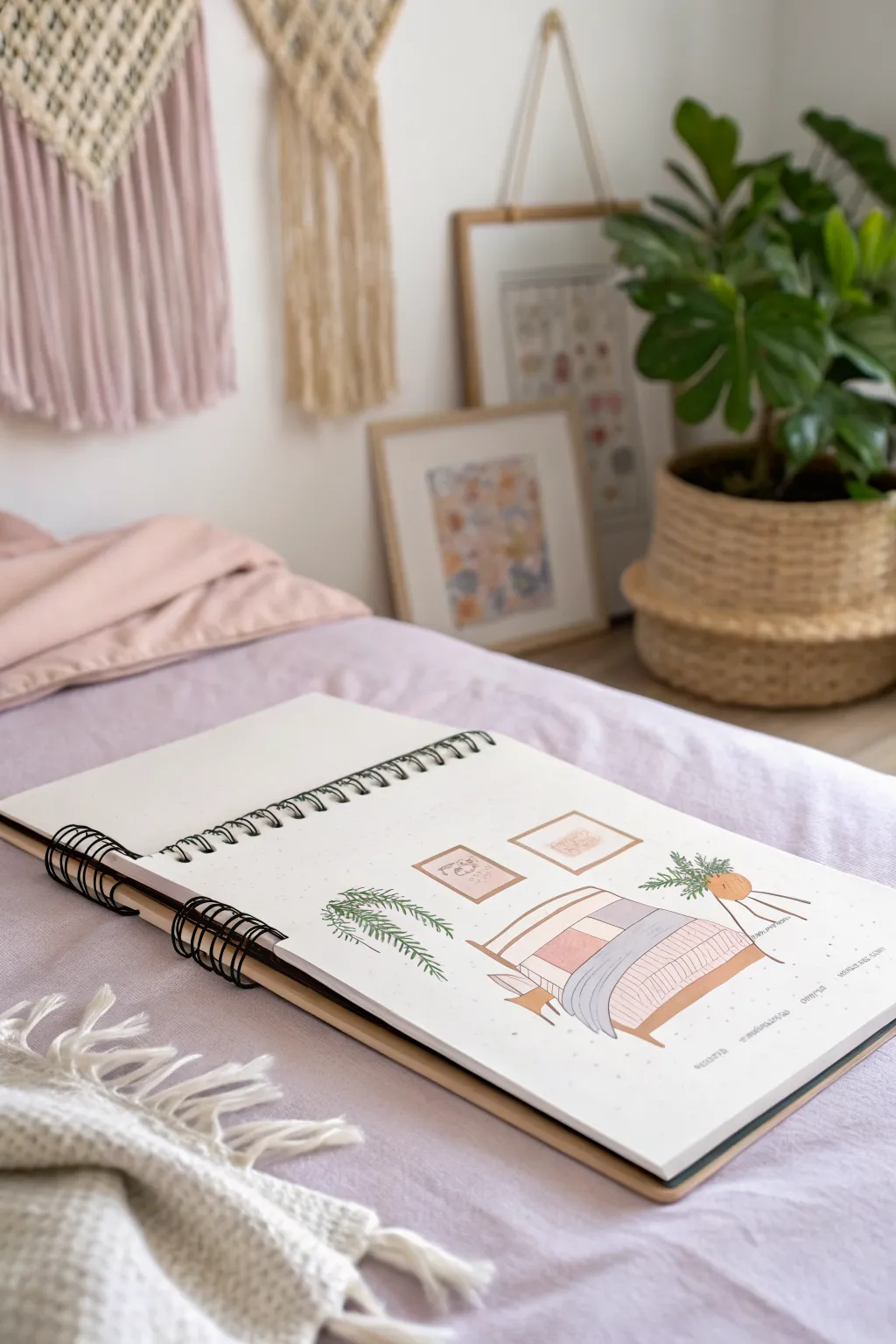 Pastel bedroom sketch with soft shading and cozy minimalist details for cute drawing inspiration.