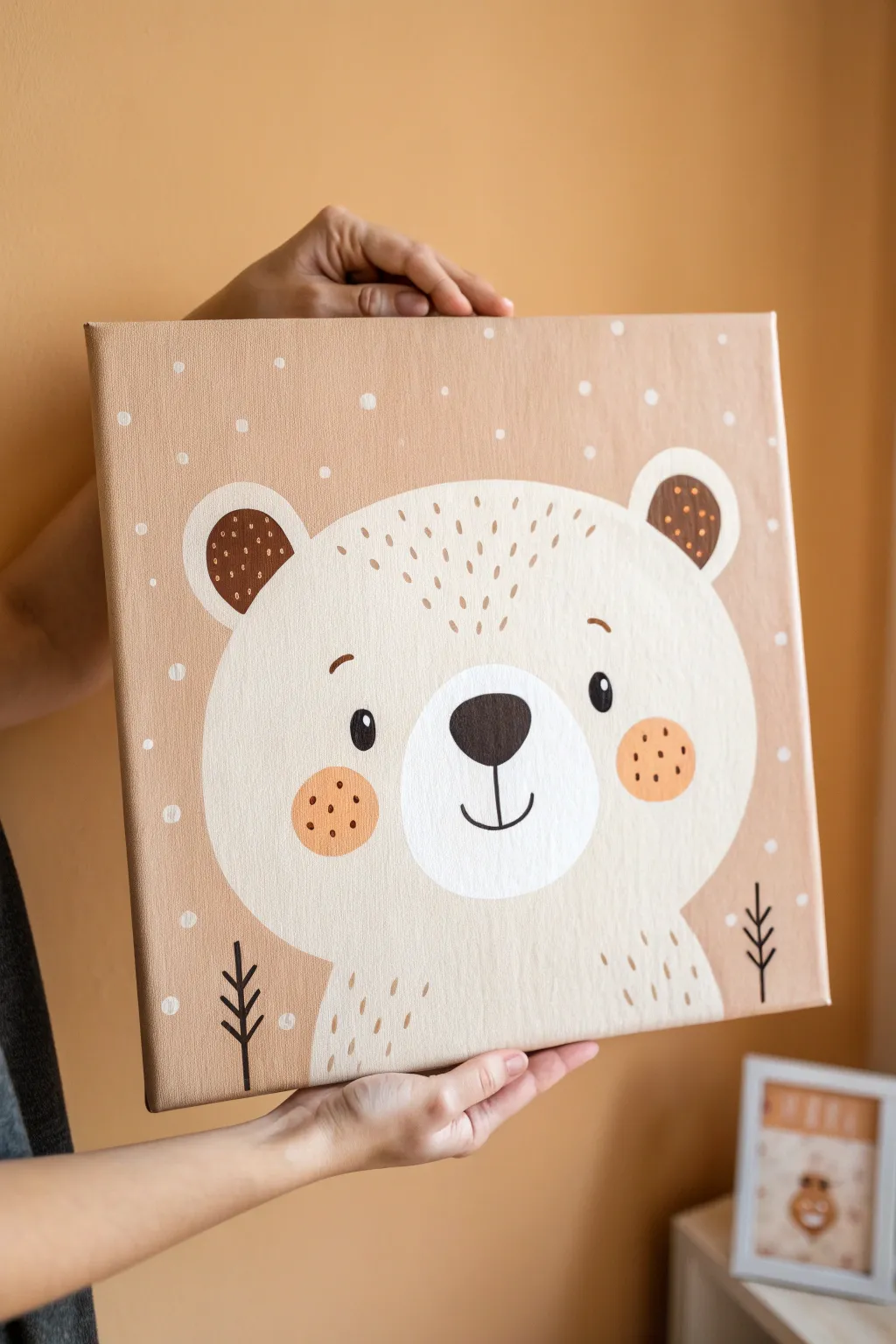 Minimal bear face canvas in warm neutrals, simple shapes, and cozy Scandinavian boho charm