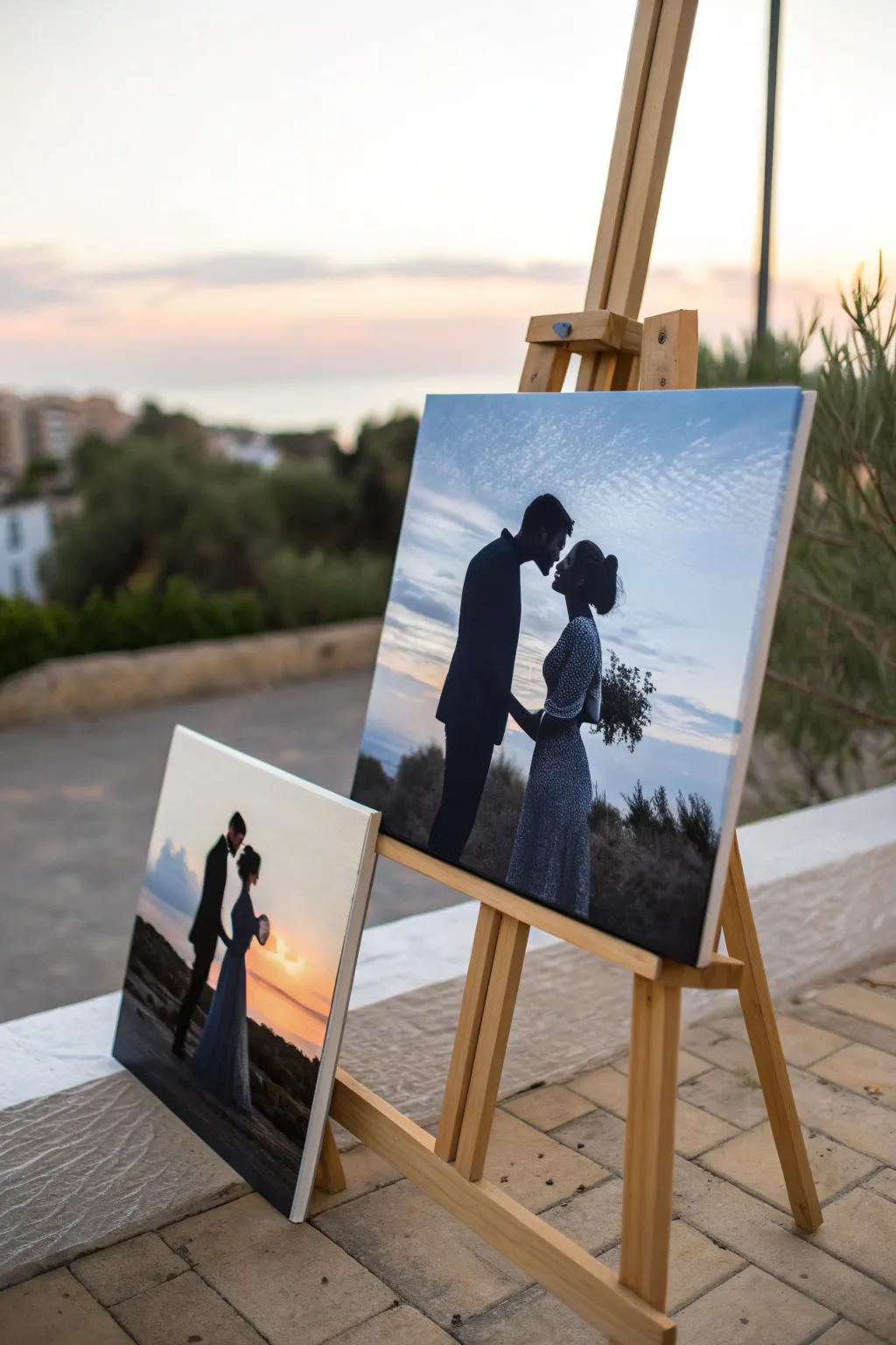 Paint-and-swap couple scene: two matching canvases showing distinct style handoffs in one sweet moment.