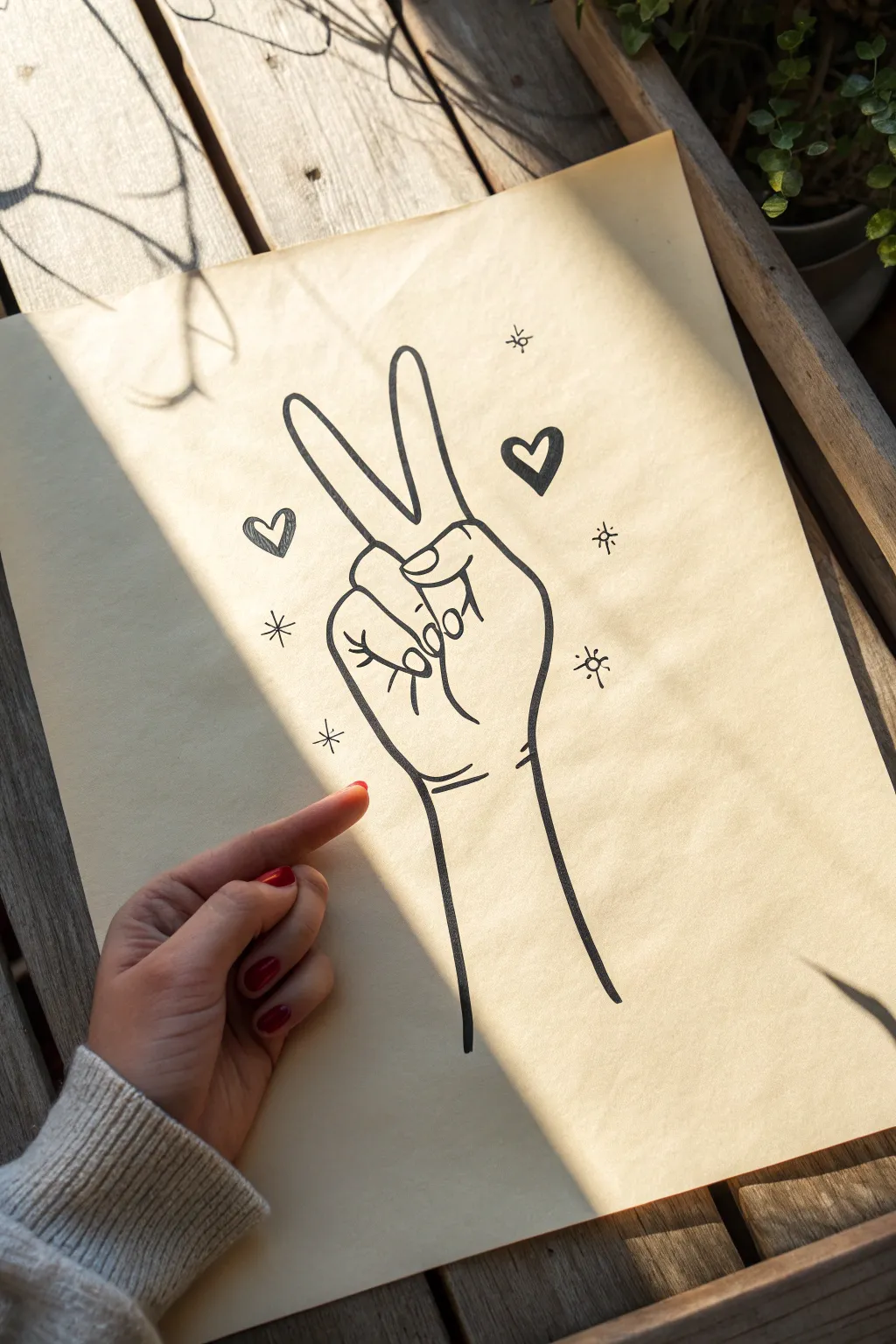 Minimal finger heart hand sketch with a tiny floating heart and soft sparkle accents