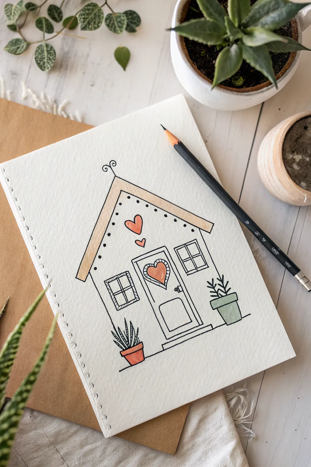 Tiny house sketch with heart window and cozy plant, minimalist boho vibes for cute drawings