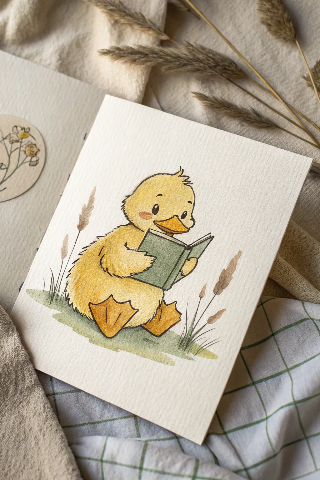 Cozy duckling reading a tiny book in minimalist Scandinavian-boho style, perfect drawing inspo
