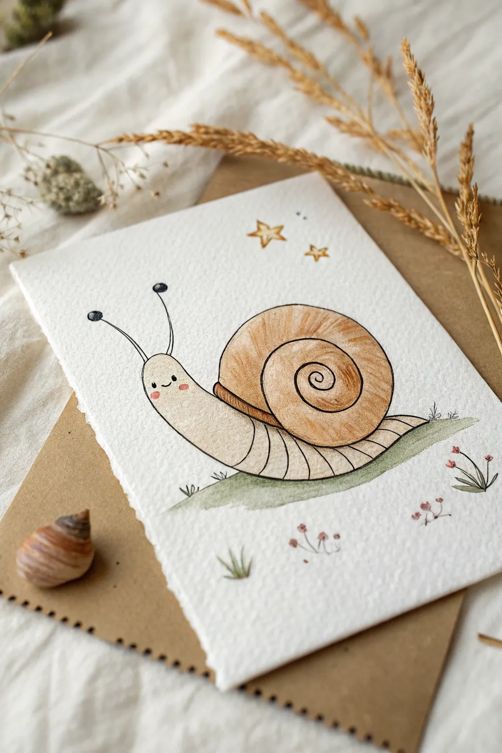Slow and sweet snail spiral with simple lines, tiny smile, and subtle sparkles to copy easily