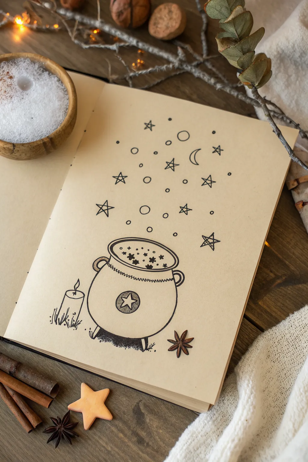 Round bubbly cauldron with sparkly stars, a cute minimalist Halloween drawing idea to try