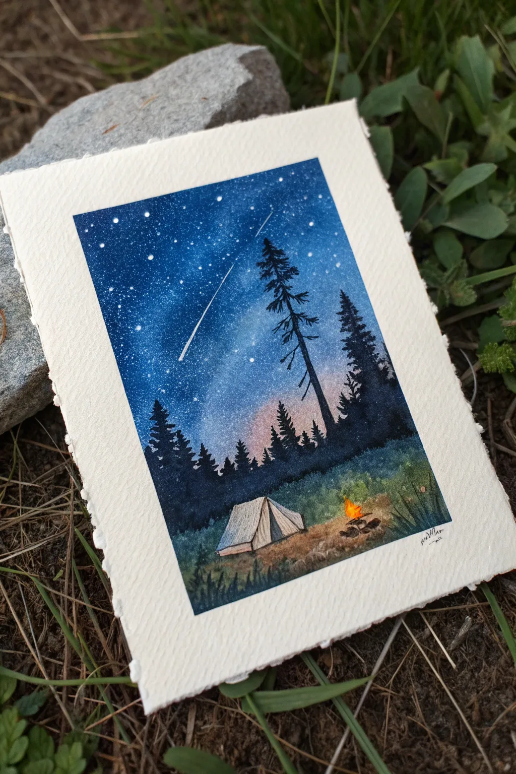 Mini campsite silhouettes under a starry night sky with heart smoke, easy and adorable to paint
