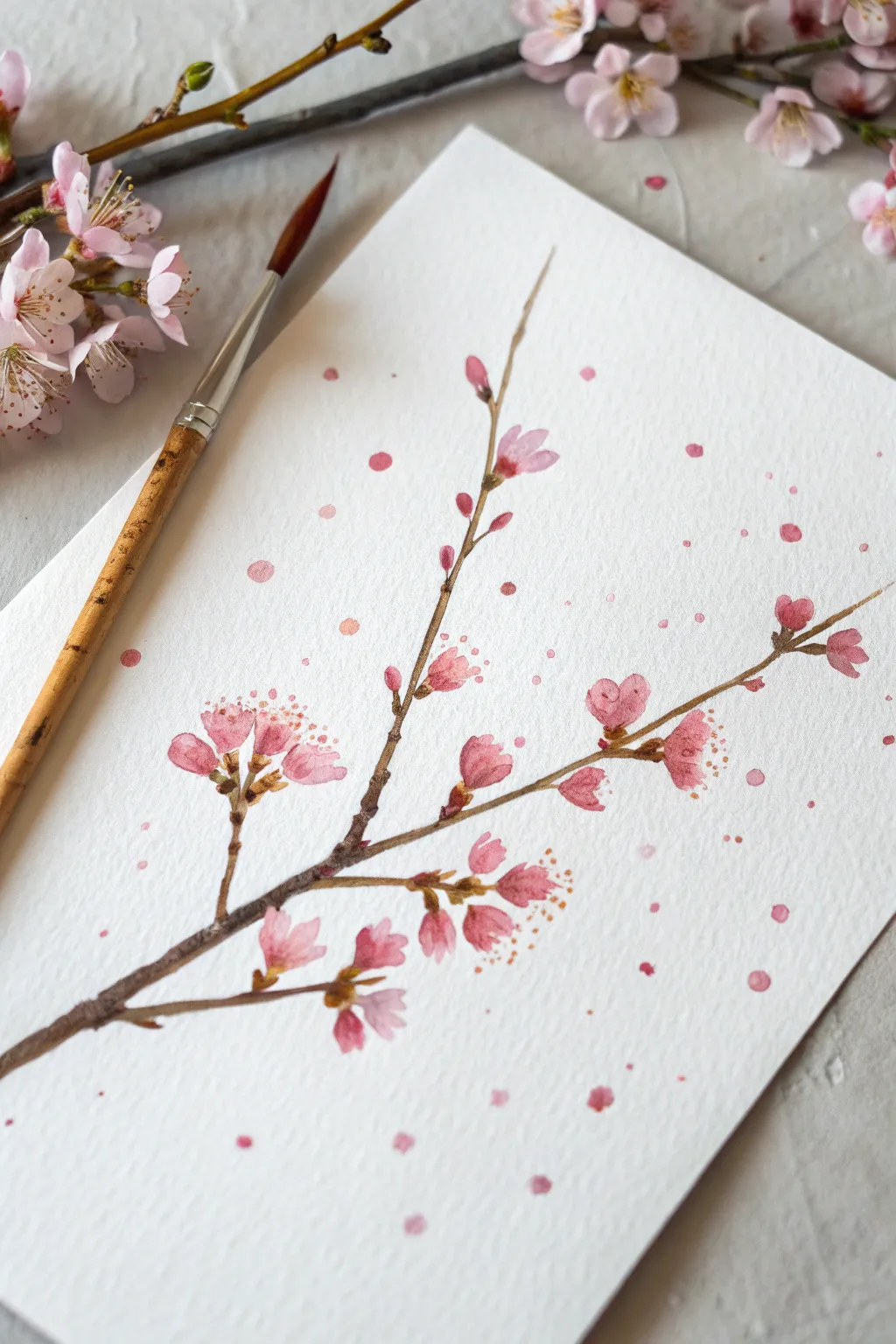 Cherry blossom confetti branch in soft pink dabs, minimalist and easy to recreate on paper