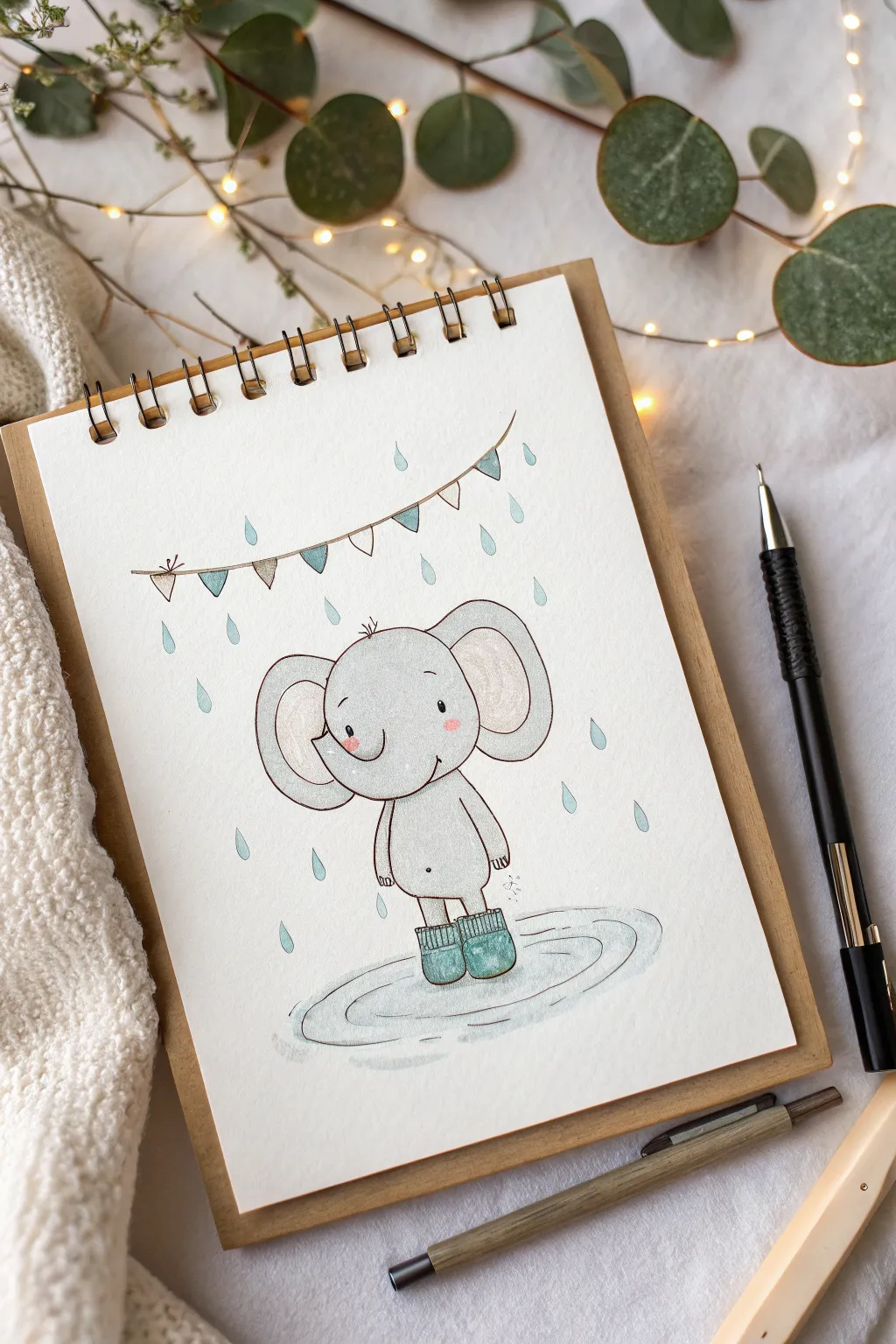Adorable baby elephant in big rain boots, splashing softly in a puddle with gentle raindrops
