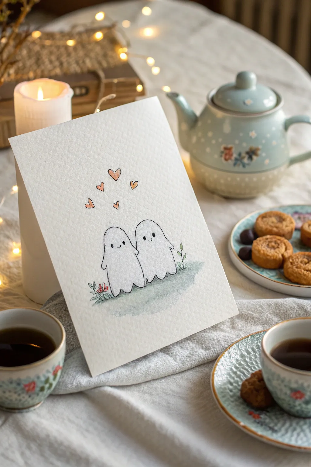 Mini ghost tea party watercolor: cozy cups, sweet treats, warm light, minimalist boho charm
