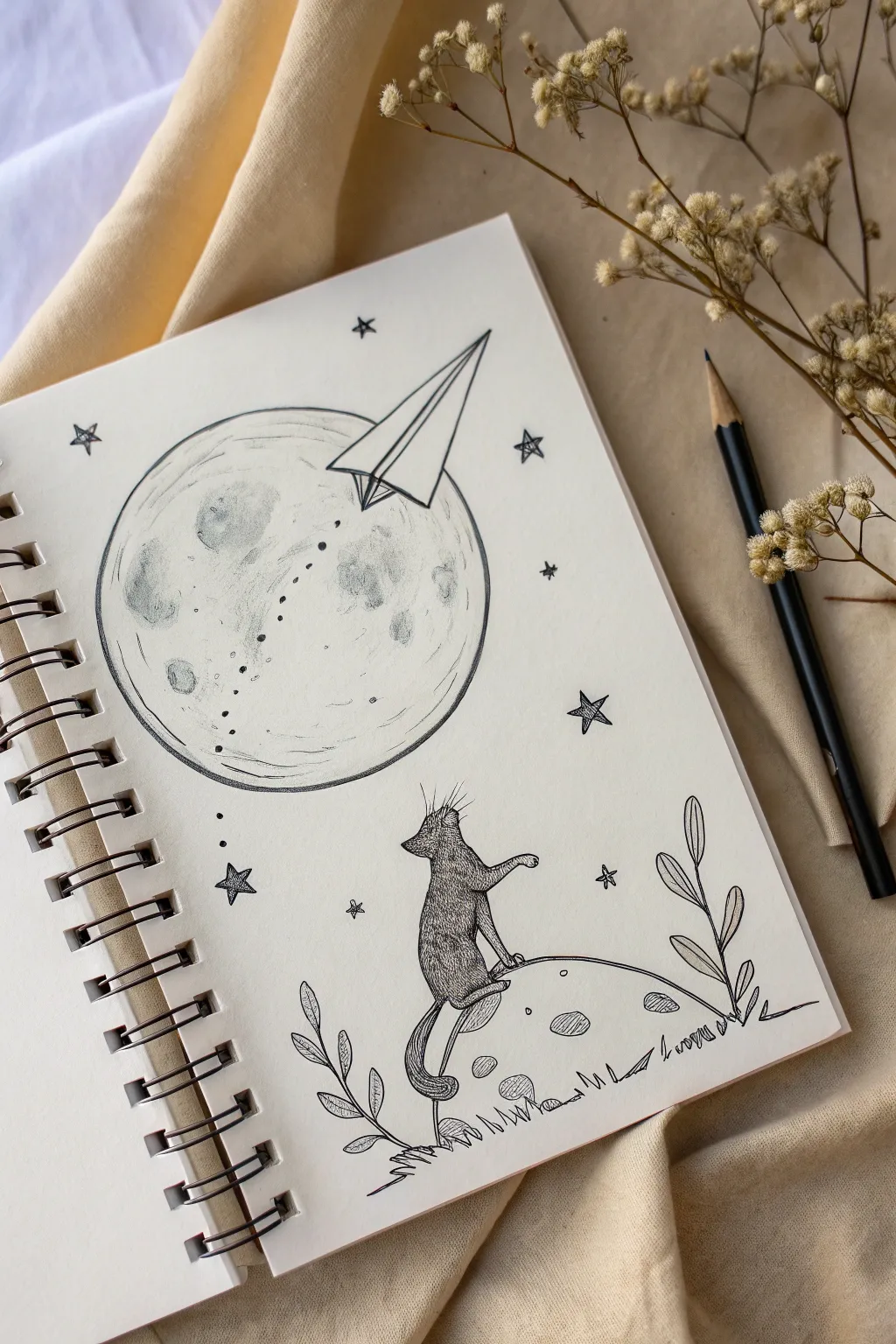 Cute challenge: draw a tiny cat riding a paper airplane toward a softly shaded moon