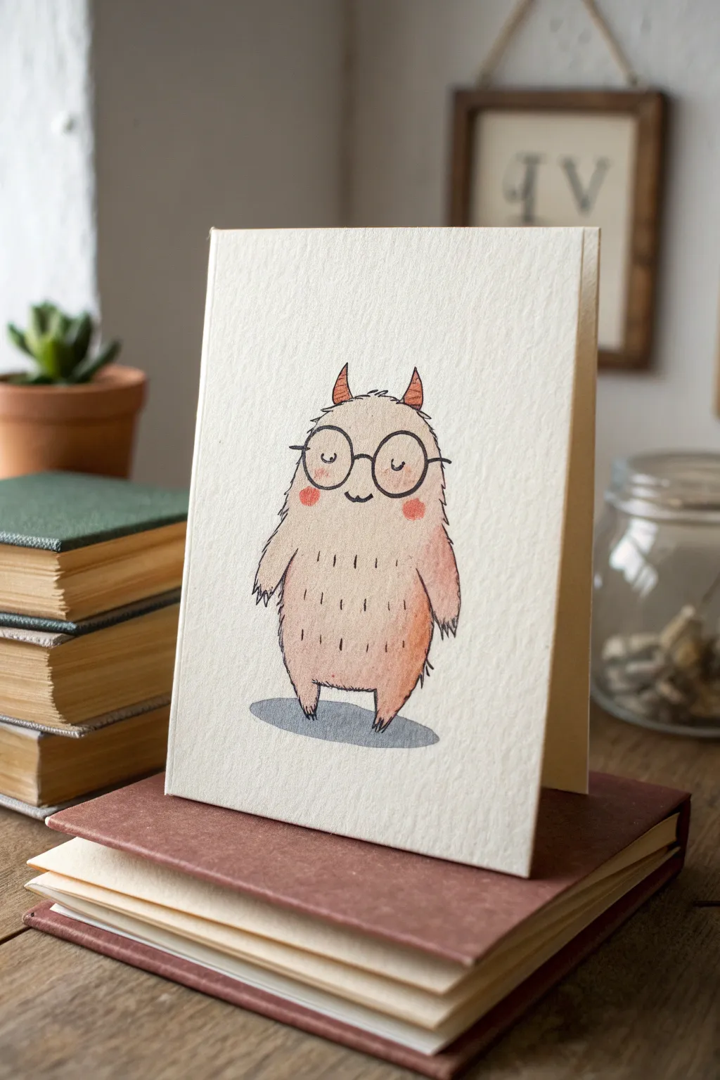 A cozy book-loving desk monster with simple glasses, warm lamp glow, and minimalist charm.