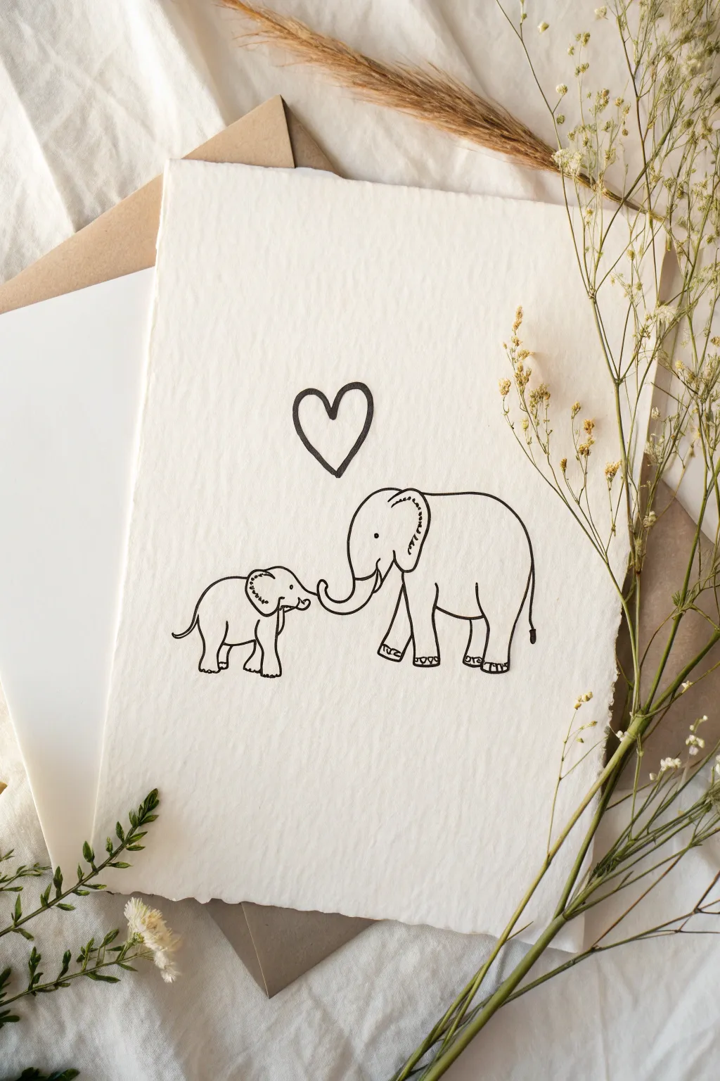Elephant mom and baby with tails forming a heart, a sweet minimalist Mother’s Day drawing idea.