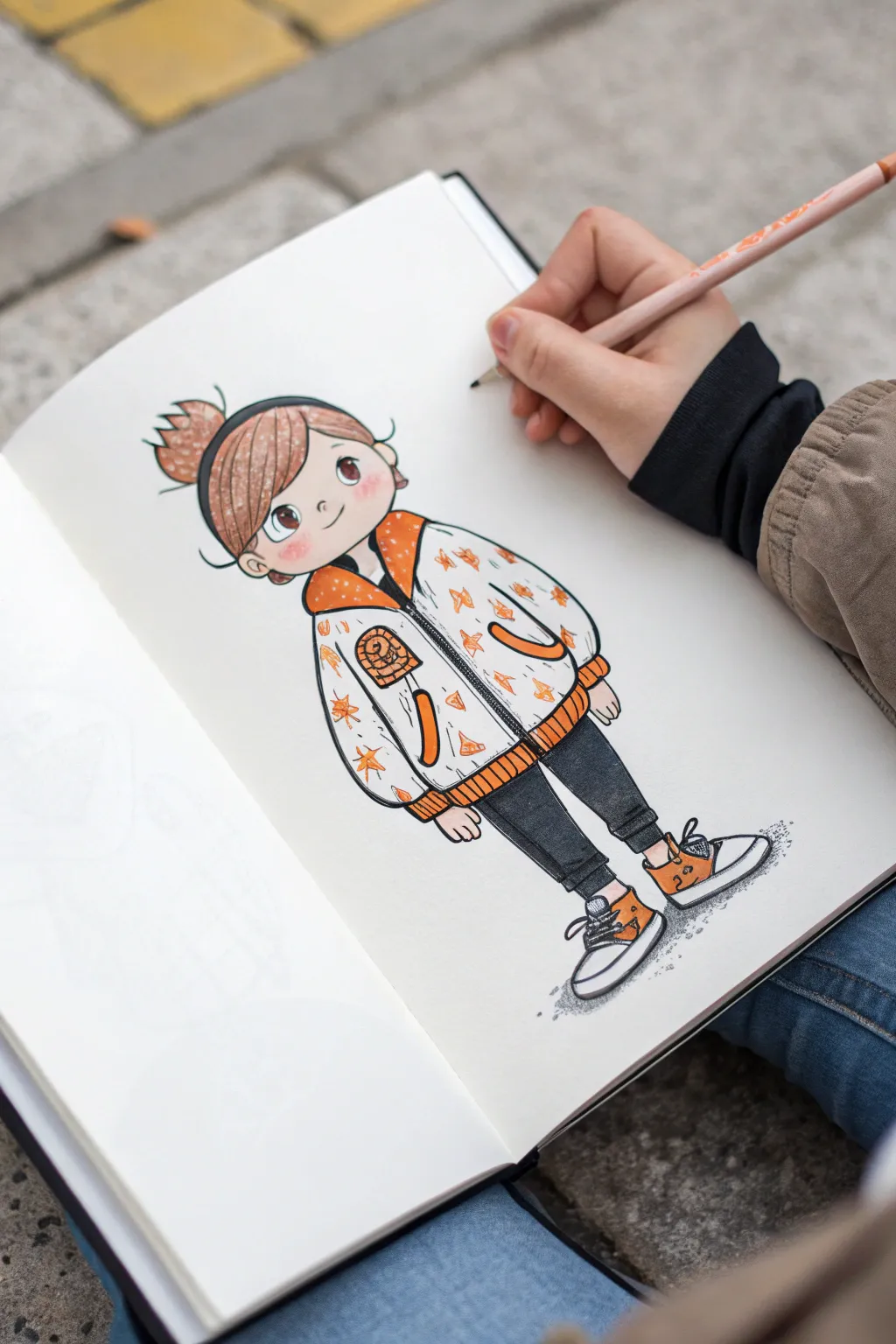Cute koi streetwear OC in orange and white, set against a calm teal watercolor water wash.