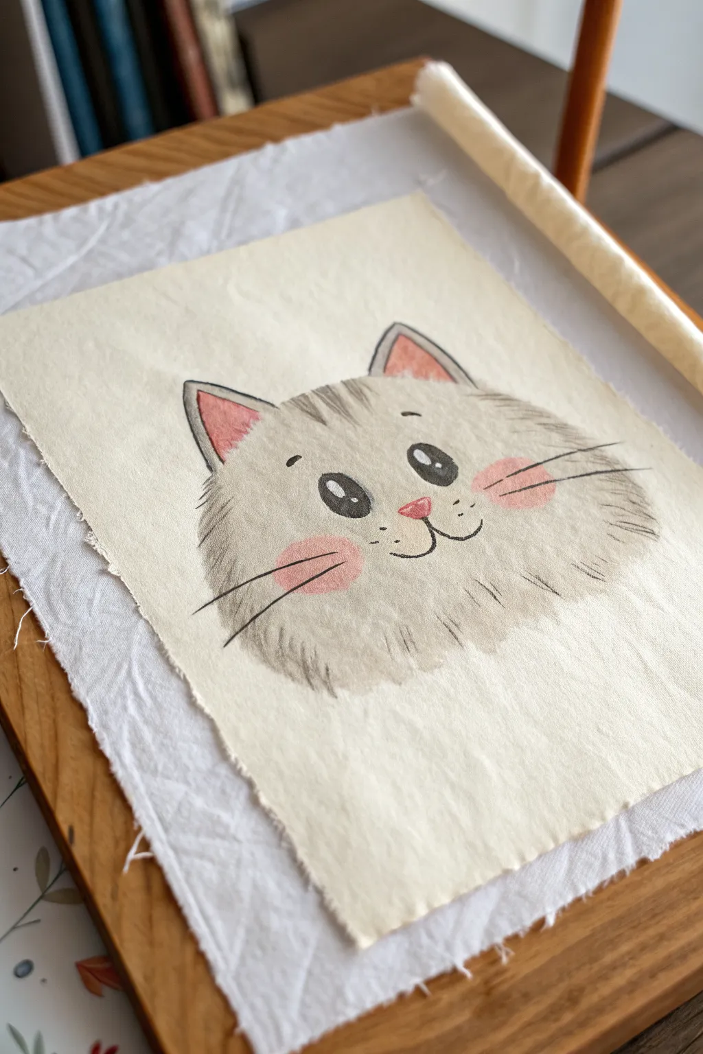 Cozy chubby cat face oil pastel portrait with soft blended fur and rosy cheeks, super easy to draw