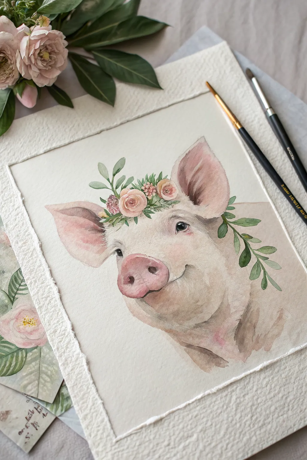 Sweet front-facing pig with a pastel floral crown in a minimalist, boho watercolor style