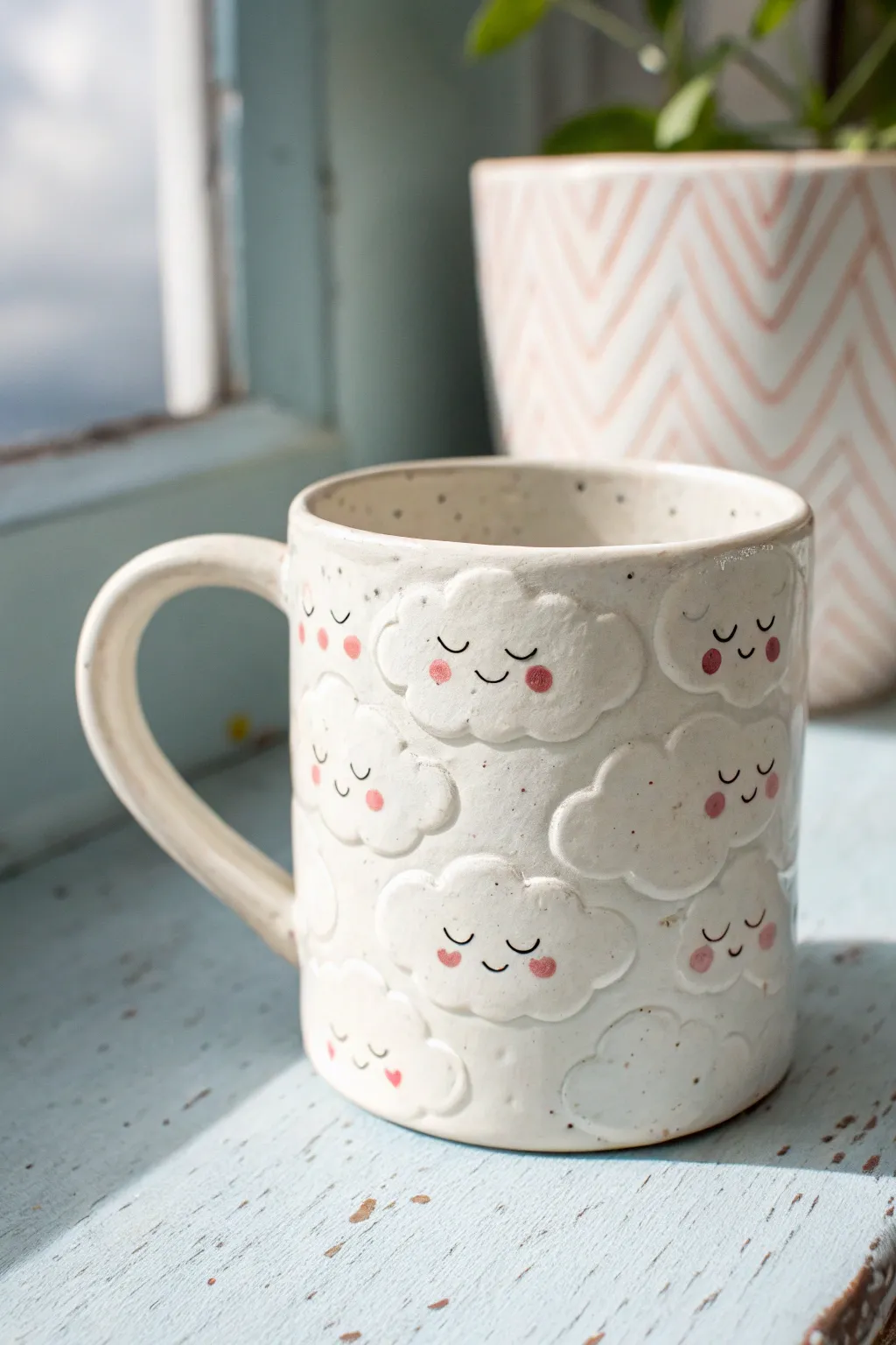 Sweet puffy clouds with rosy cheeks on a minimalist mug, styled on soft sky-blue for calm contrast.