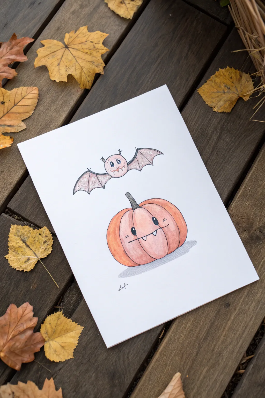 Draw a chubby pumpkin with tiny bat wings for a cute spooky vibe, perfect for fall sketches