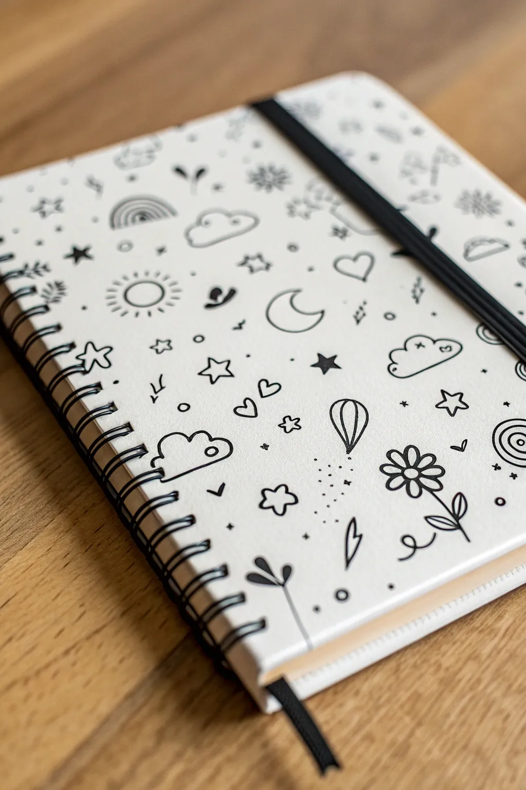 Clean cute monochrome doodle-bomb sketchbook cover, with black and white pens ready to draw.