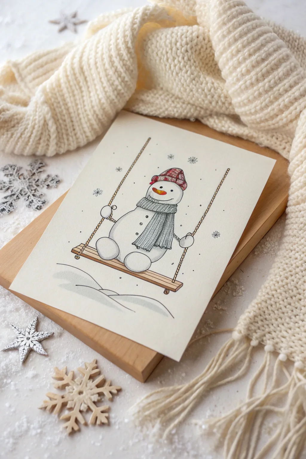 Swinging snowman sketch with a trailing scarf and a few soft snowflakes in a clean scene