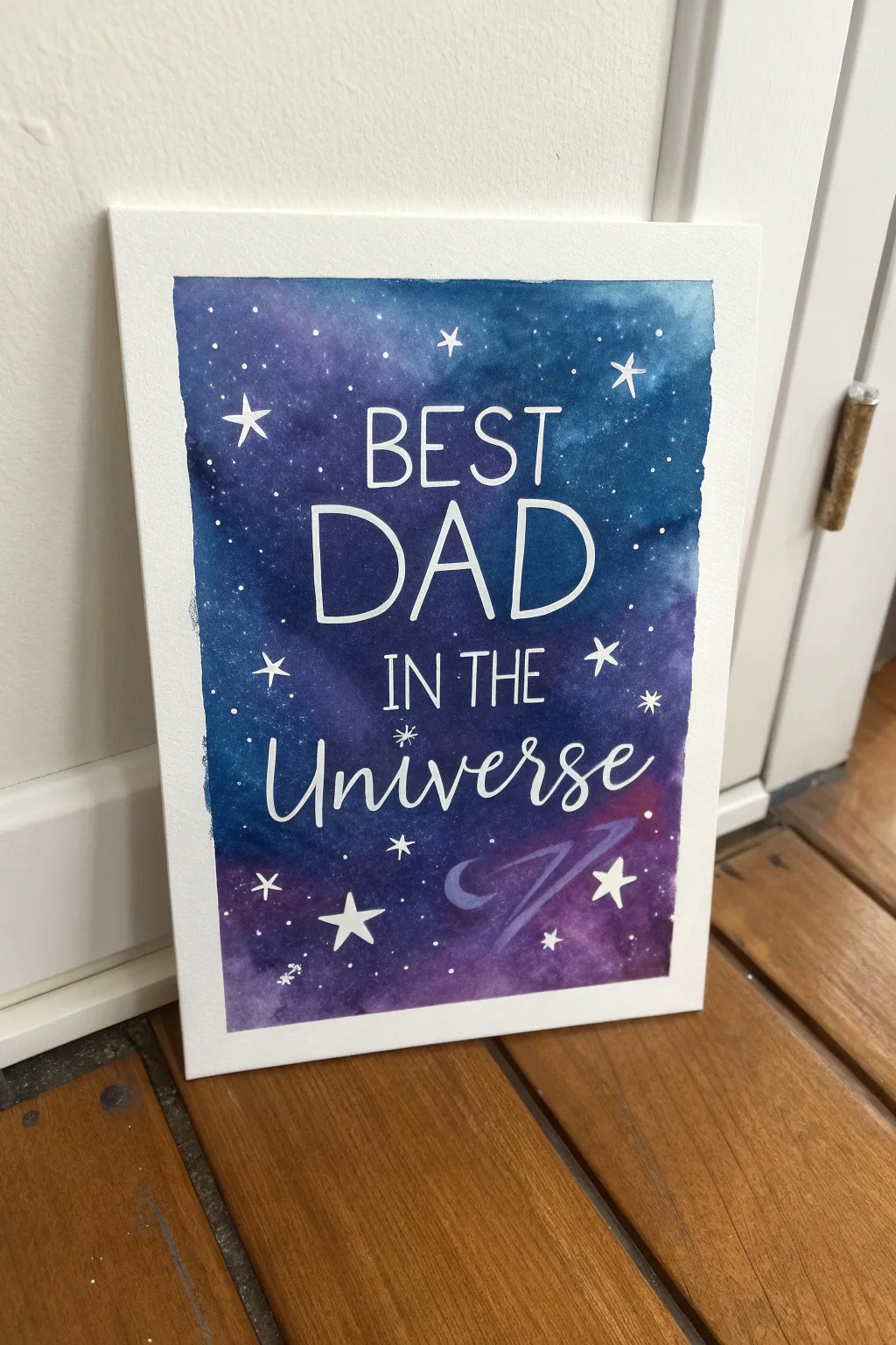 Galaxy night-sky painting with hand lettering and a tiny heart constellation for Dads birthday