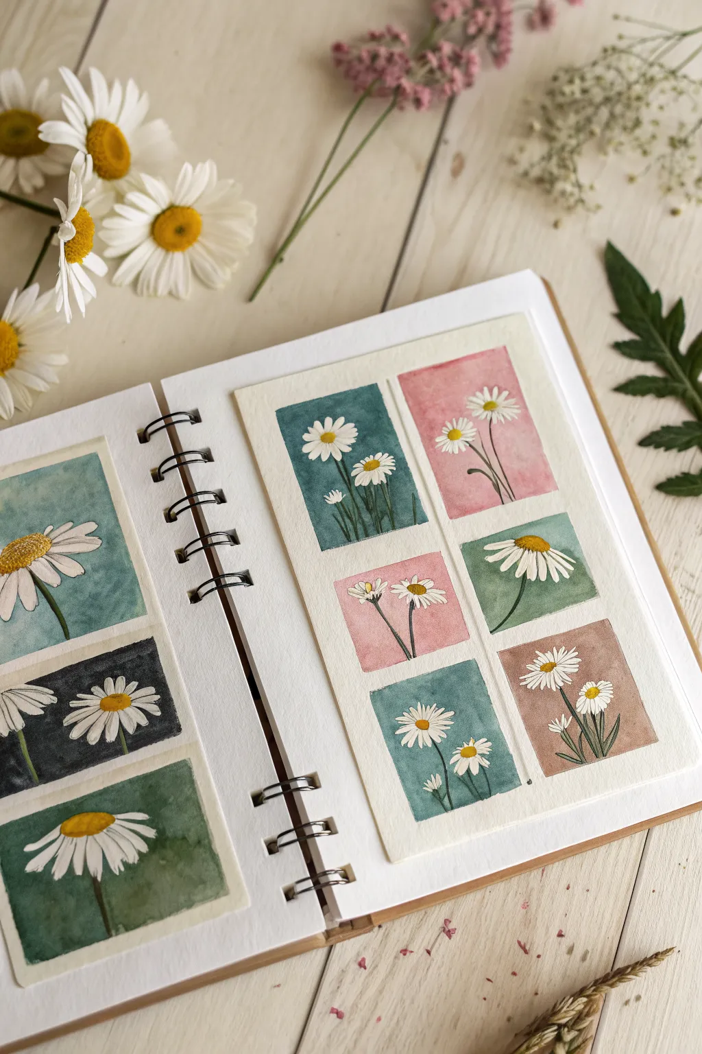 Mini daisy thumbnail series: playful tiny blooms across teal, charcoal, blush and olive backgrounds.