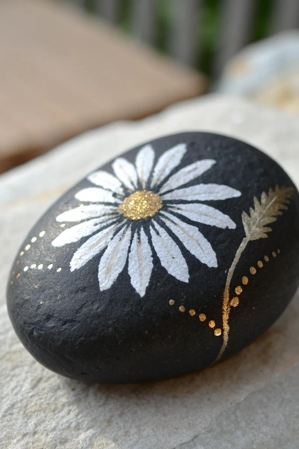 Dark rock daisy with subtle metallic petal edges and a softly glowing center shimmer