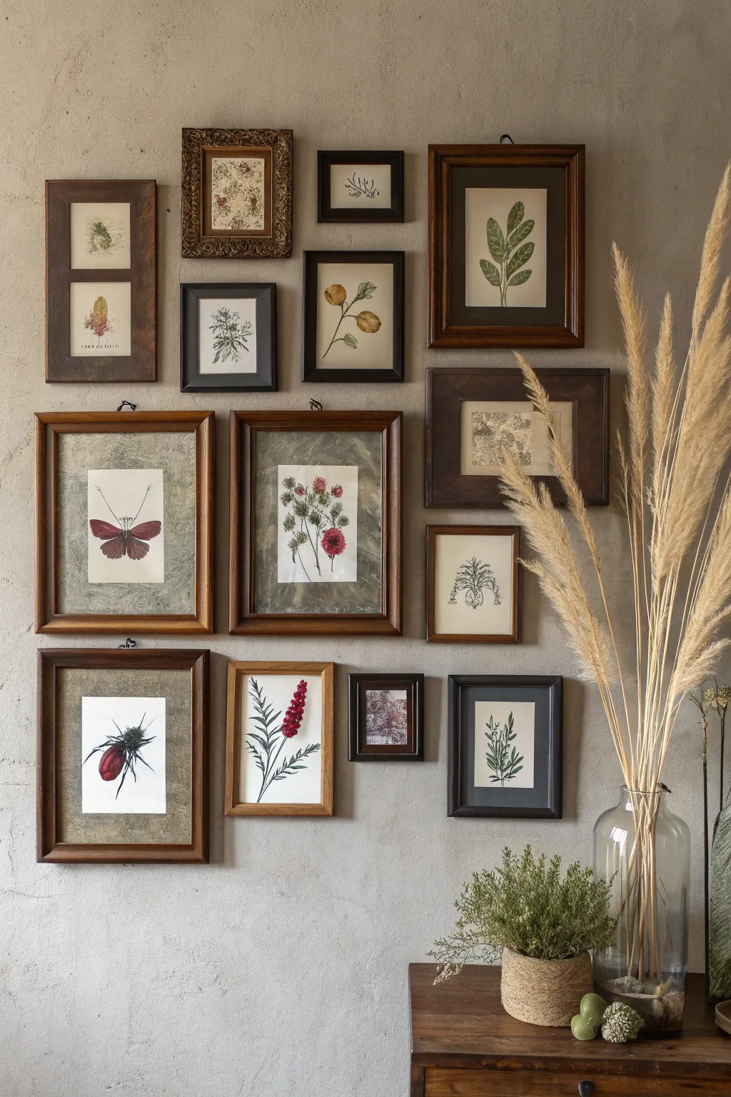 Moody cabinet of curiosities gallery wall with dark florals and specimen sketches in deep shadow