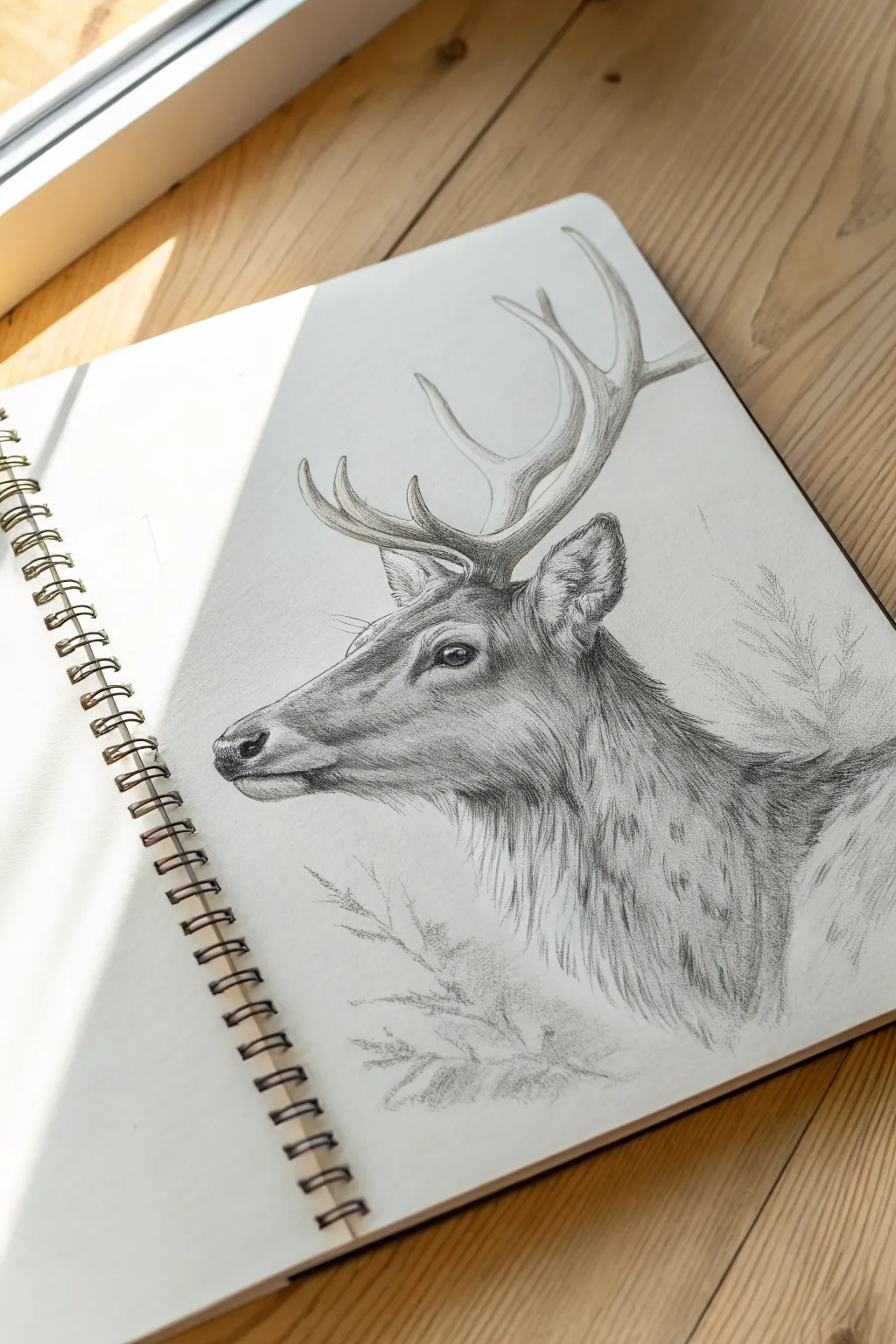 Minimalist reindeer portrait with soft pencil shading, perfect for calm December drawing sessions