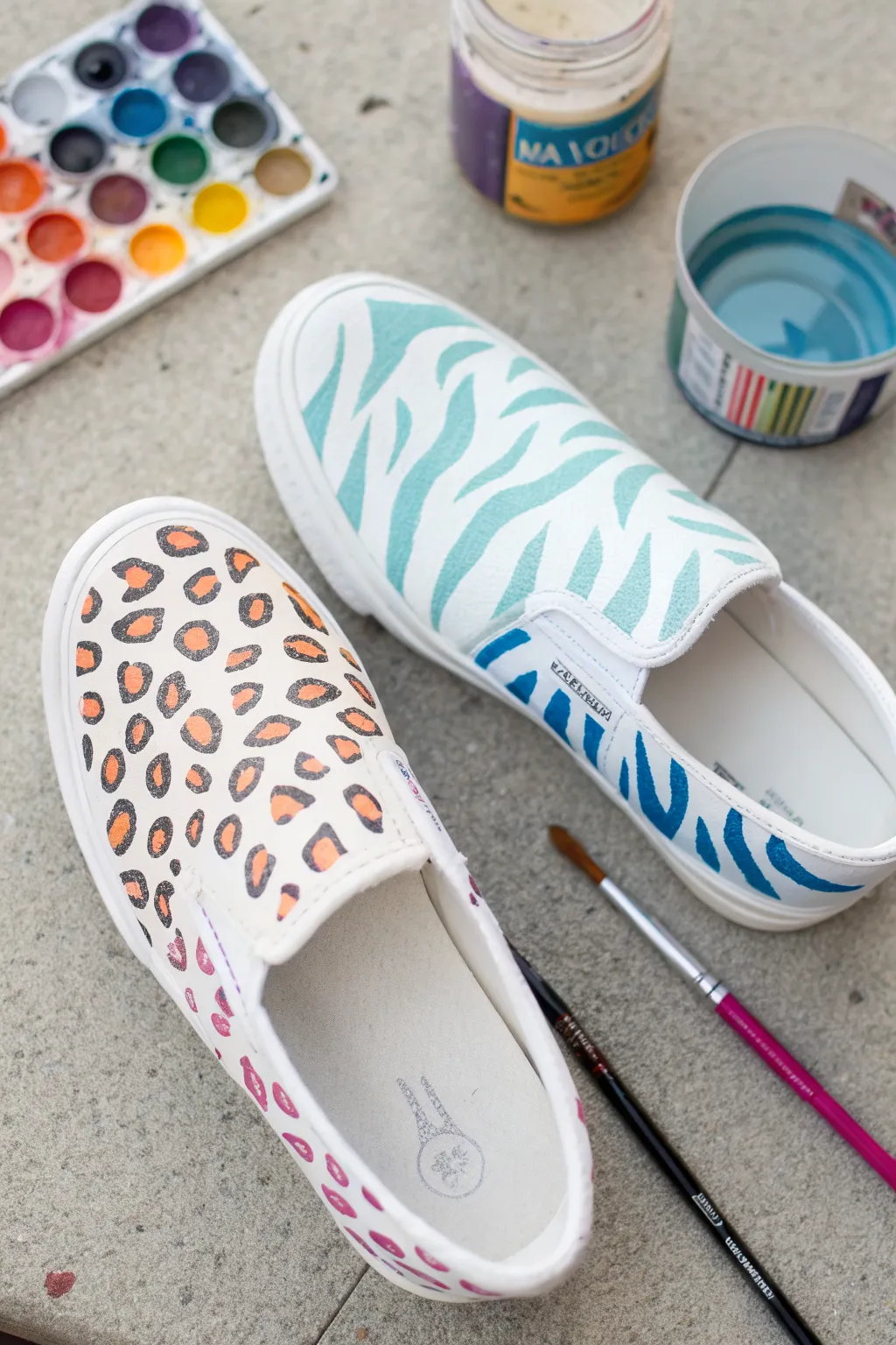Bright acrylic animal prints on a shoe pair for a playful, modern DIY update