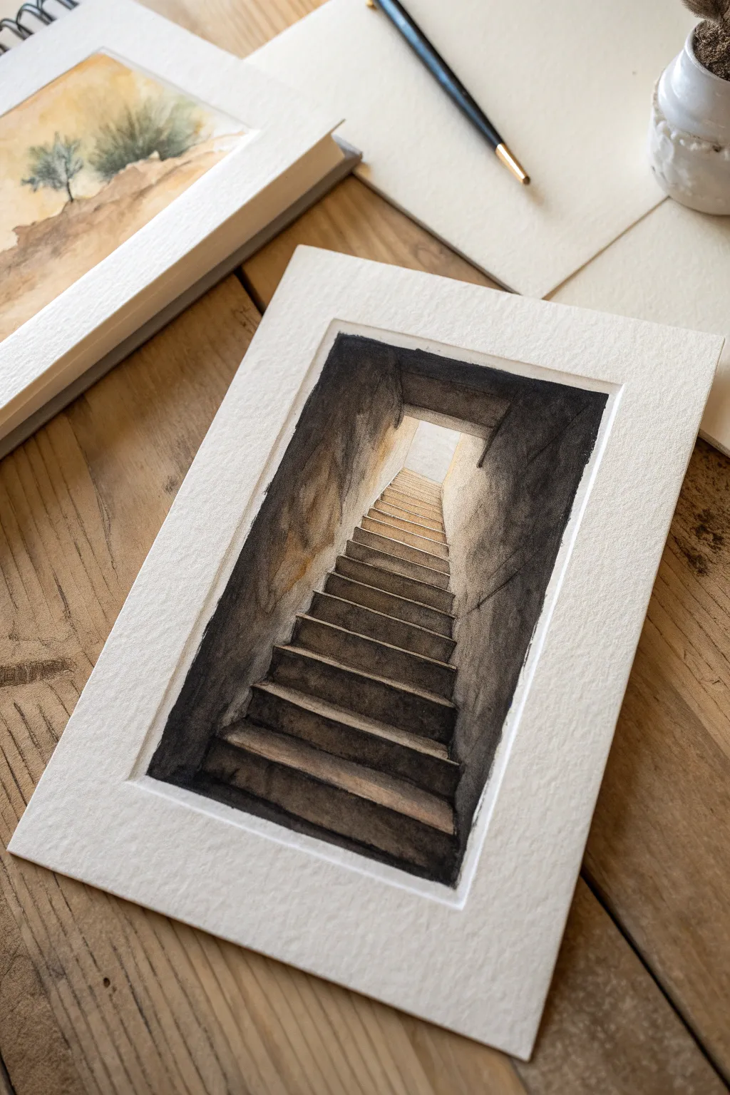 Minimal staircase vanishing into darkness, a calm Nordic-boho study of the unknown