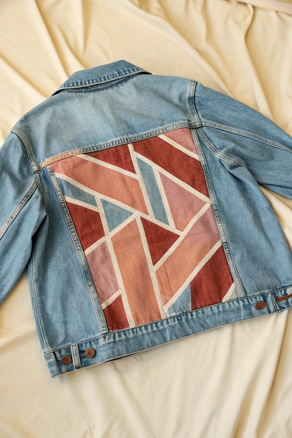 Bold abstract color blocks sweep across a flat-lay denim jacket, ignoring seams in style.