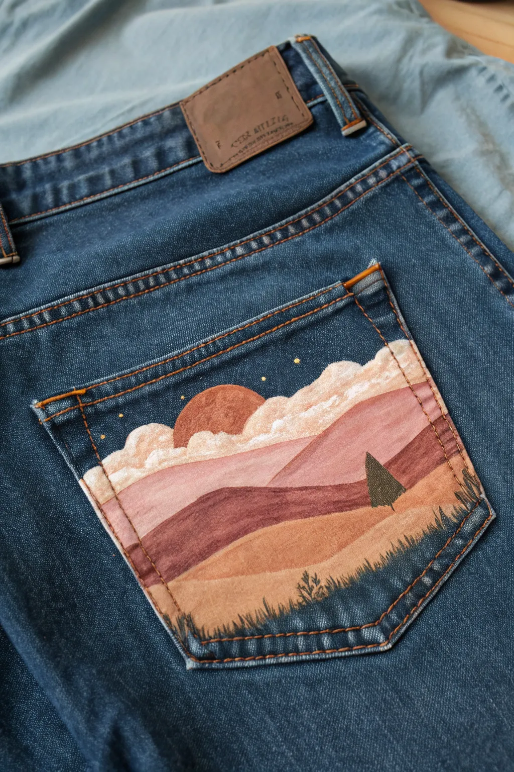 Turn a denim back pocket into a tiny sunset landscape painting for an easy wearable art idea