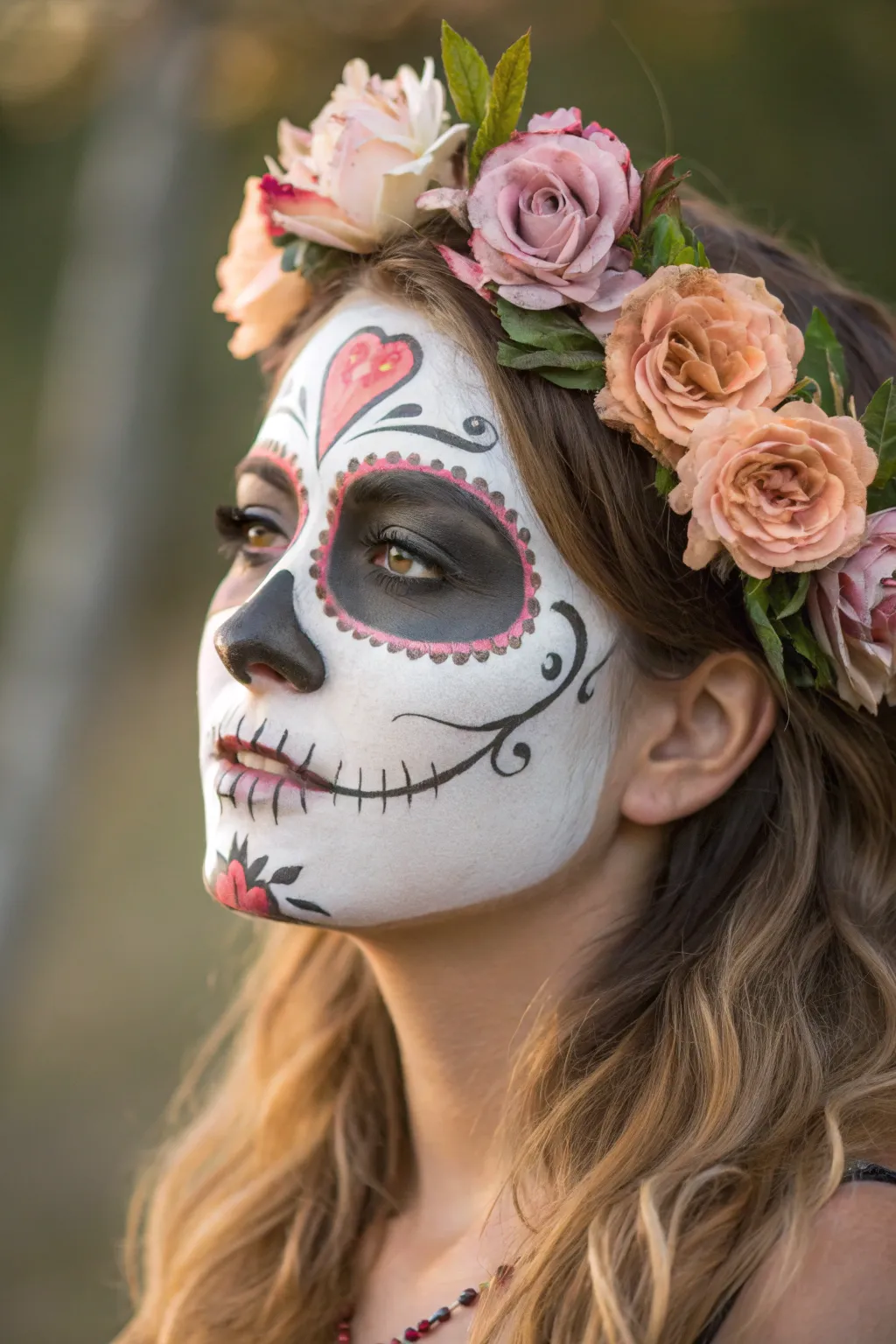 Side-swept La Catrina half-face with a painted floral cascade and matching boho headpiece
